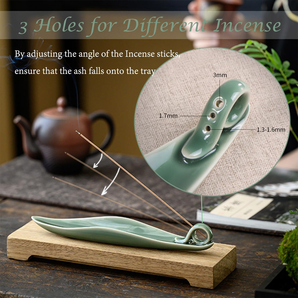 9" Length Incense Stick Holder with 3 Holes, White Porcelain Incense Tray Ash Cather for Spa, Meditation Room, Yoga, Home, Office (Green)