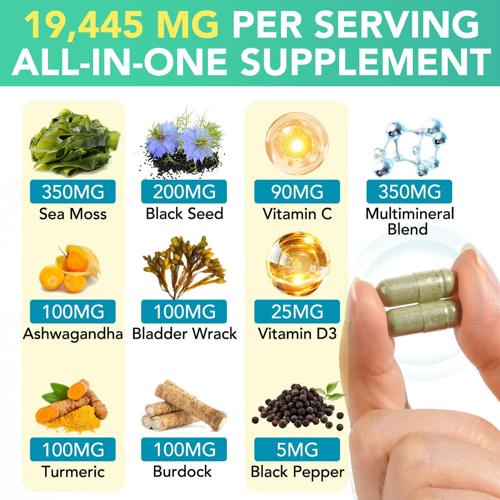Sea Moss Black Seed Oil Ashwagandha Ginger, Sea Moss Capsule Supplement with Turmeric Burdock Root Bladderwrack Vitamin C Vitamin D3 Enhanced Immunity & Energy Black Seed Oil Capsule 60 Count