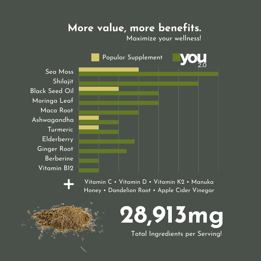 YOU 2.0 Powerhouse Superfood with Seamoss, Shilajit, Ashwagandha, Berberine, Maca, Black Seed Oil, Turmeric, Vitamin C, D, B12, K2 - Moringa, Apple Cider, Made in USA for Overall Health & Immunity