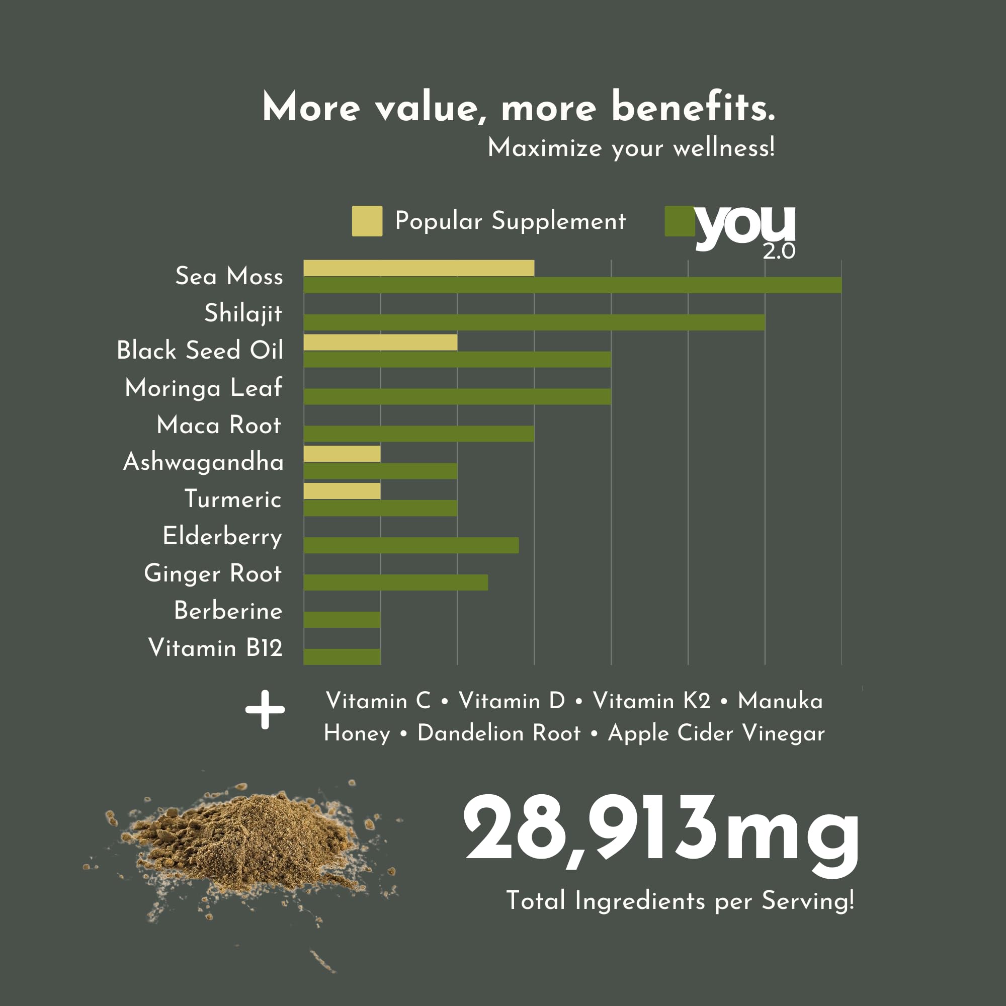 YOU 2.0 Powerhouse Superfood with Seamoss, Shilajit, Ashwagandha, Berberine, Maca, Black Seed Oil, Turmeric, Vitamin C, D, B12, K2 - Moringa, Apple Cider, Made in USA for Overall Health & Immunity