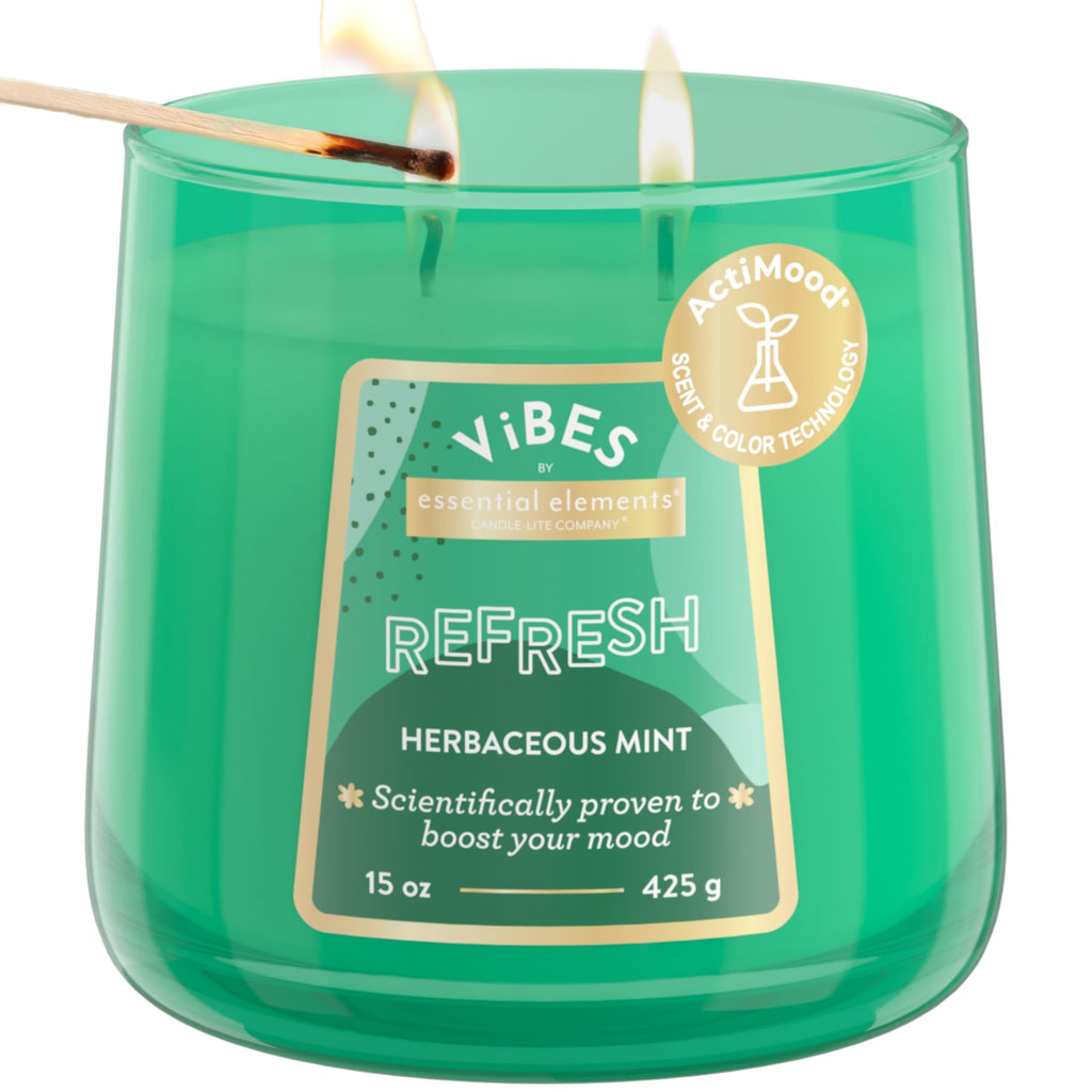 Candle-Lite Vibes Herbaceous Mint Mood-Enhancing Scented Candles, 15 oz Jar, Aromatherapy, Proudly Poured in The USA, 2-Wick, 86 Hours Burn Time, Perfect Relaxation Gift