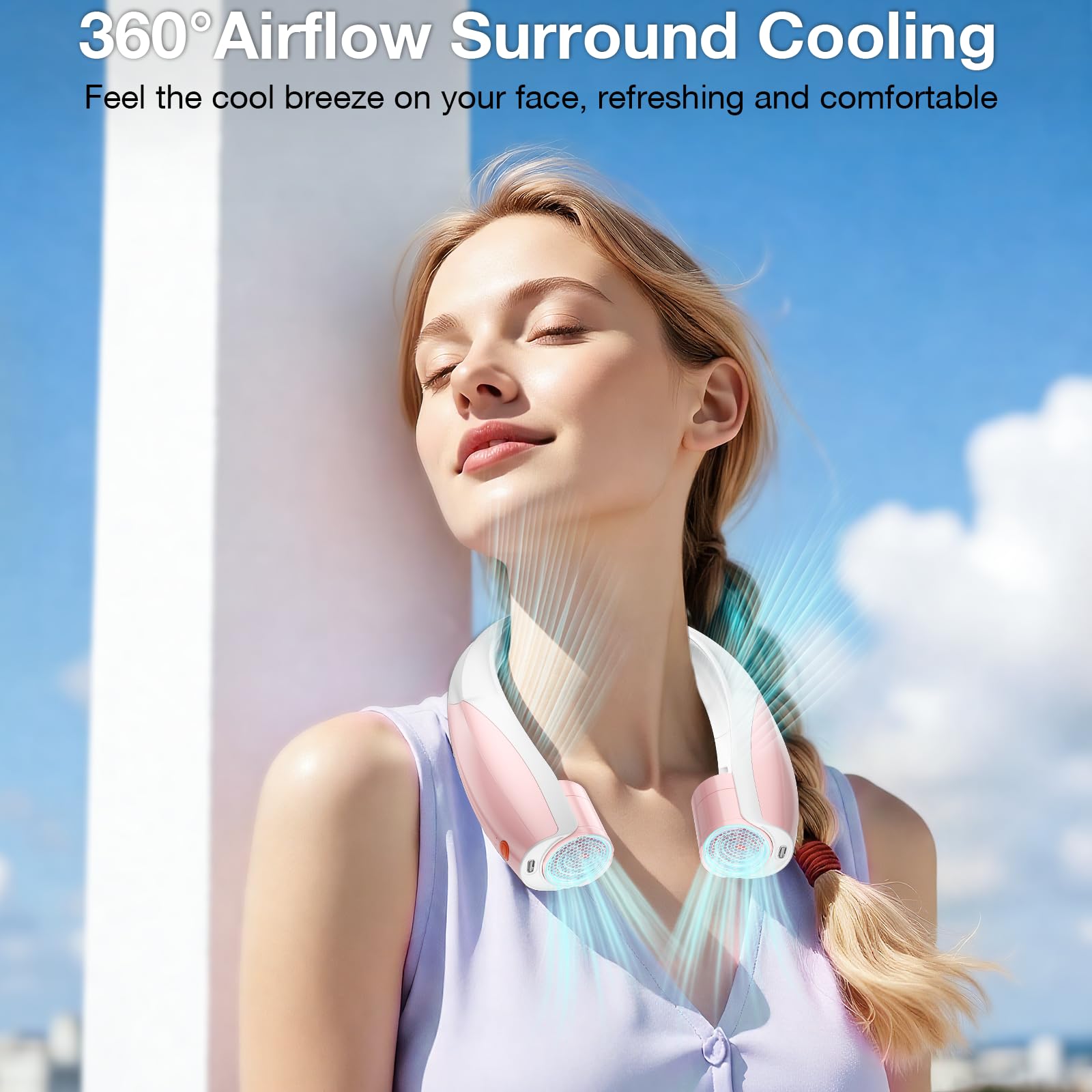 Elrerue Portable Neck Fan, 6 Speeds Rechargeable Personal Fan with AI Chips, Hands-Free 360° Faster Cooling Wearable Fan, Ultra Quiet for Home, Office, Travel, Indoor, Outdoor - Pink