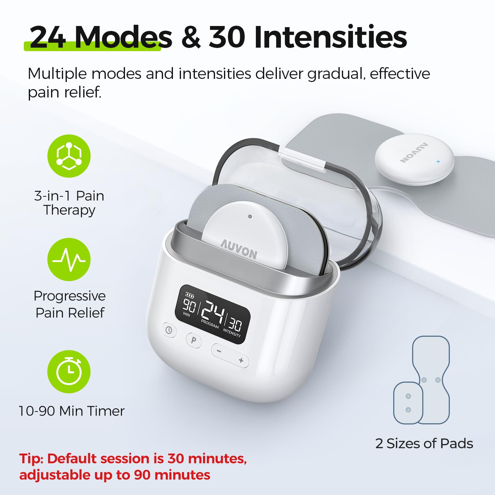 AUVON Wireless 24 Modes TENS Unit Muscle Stimulator for Pain Relief, Smart Rechargeable TENS Machine with Dual Size 6 TENS Pads for Physical Therapy, Pocket-Size TENS Device for Shoulder & Back Pain