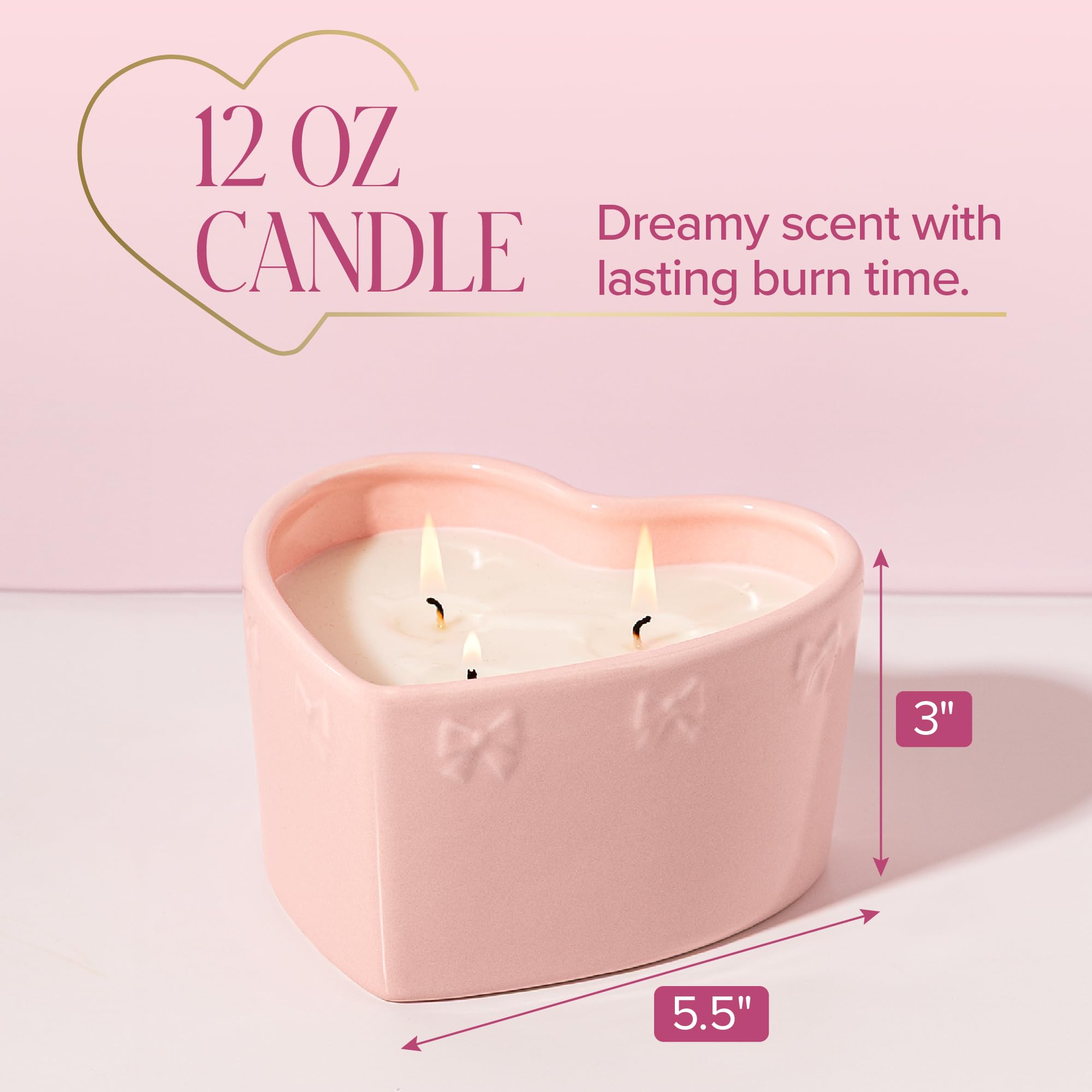Paris Hilton Cupcake Sprinkles Scented Candle, Pink Heart-Shaped Ceramic Vessel with Embossed Bow Detail, Premium Plant Wax Blend, 3-Wicks, 12-Ounce
