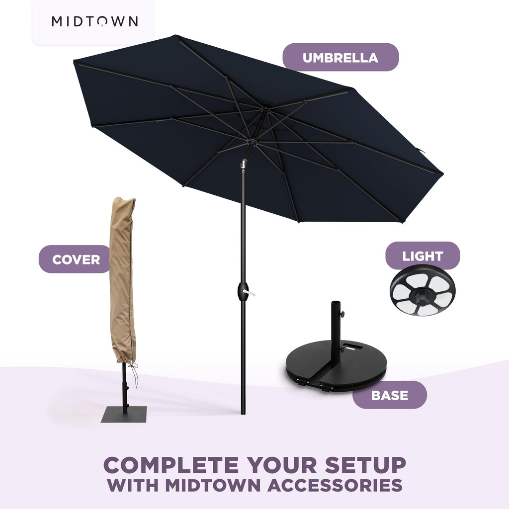 Midtown Umbrellas – The Lean 9 Ft Patio Umbrella with 10-Year-No-Fade Acrylast Acrylic Fabric, Auto-Tilt and 8 Reinforced Ribs for Deck, Pool, Garden, Hotel & Cafes – Harbor Navy Canopy, Black Pole
