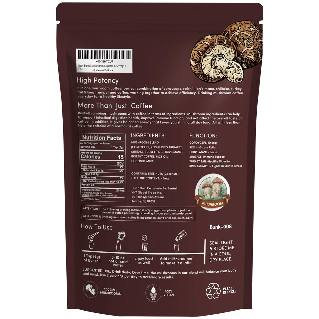 Bunkell Mushroom Coffee, Adaptogenic 6 Mushrooms with Lion's Mane, Reishi, Cordyceps, Shiitake, King Trumpet & Turkey Tail, Instant Coffee Powder for Energy, Digestion & Immune Support, 30 Servings