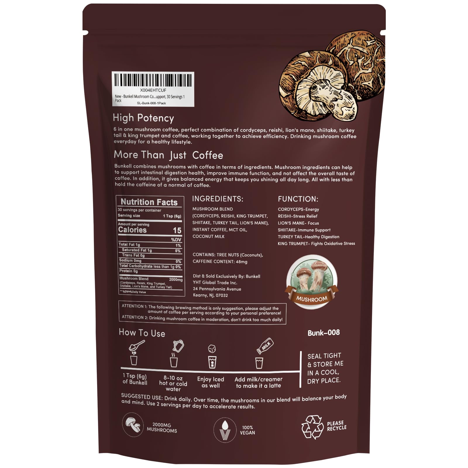 Bunkell Mushroom Coffee, Adaptogenic 6 Mushrooms with Lion's Mane, Reishi, Cordyceps, Shiitake, King Trumpet & Turkey Tail, Instant Coffee Powder for Energy, Digestion & Immune Support, 30 Servings