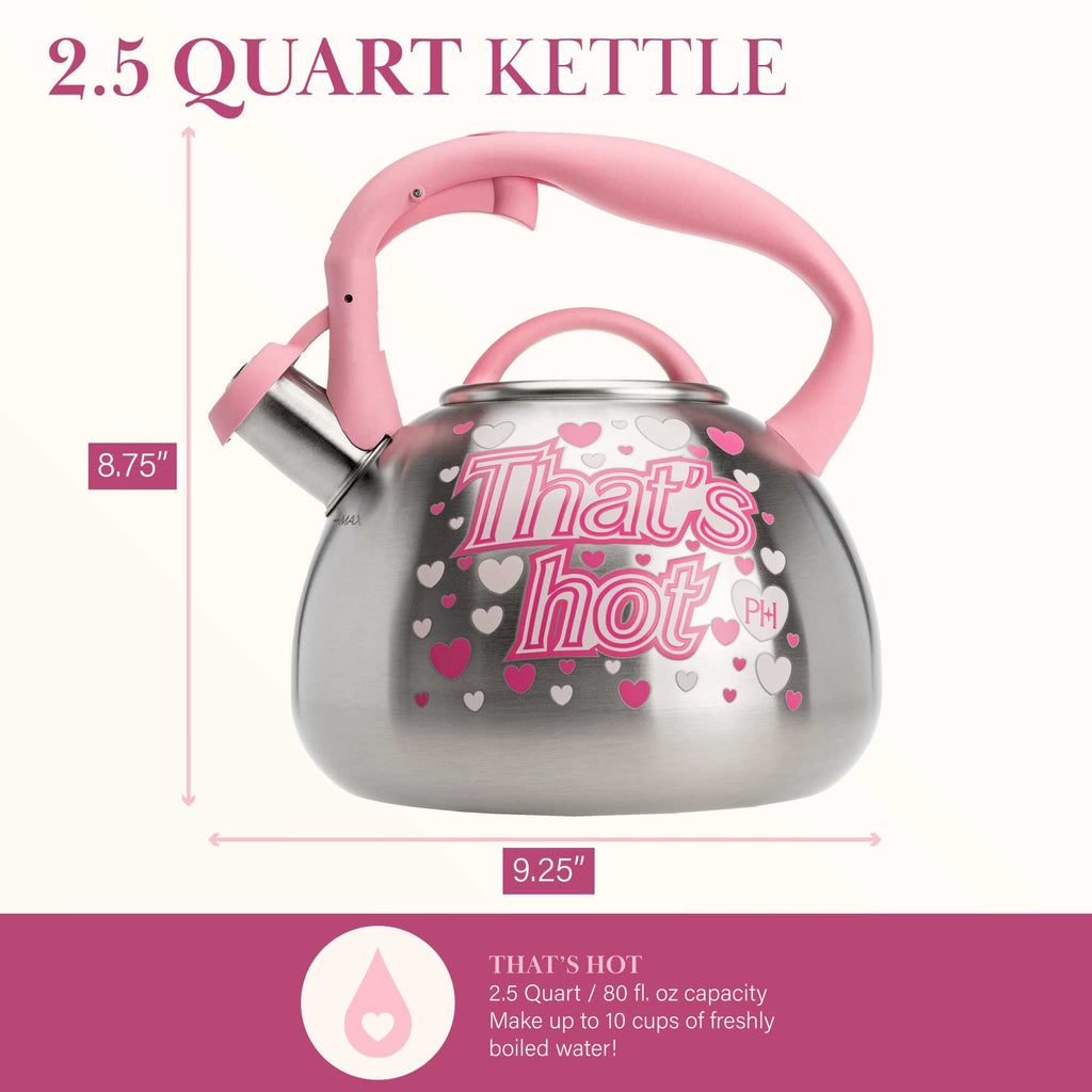 Paris Hilton Whistling Stovetop Tea Kettle, Stainless Steel with Color Changing "That's Hot" Heat Indicator Design, Soft Touch Handle, 2.5-Quart, Pink