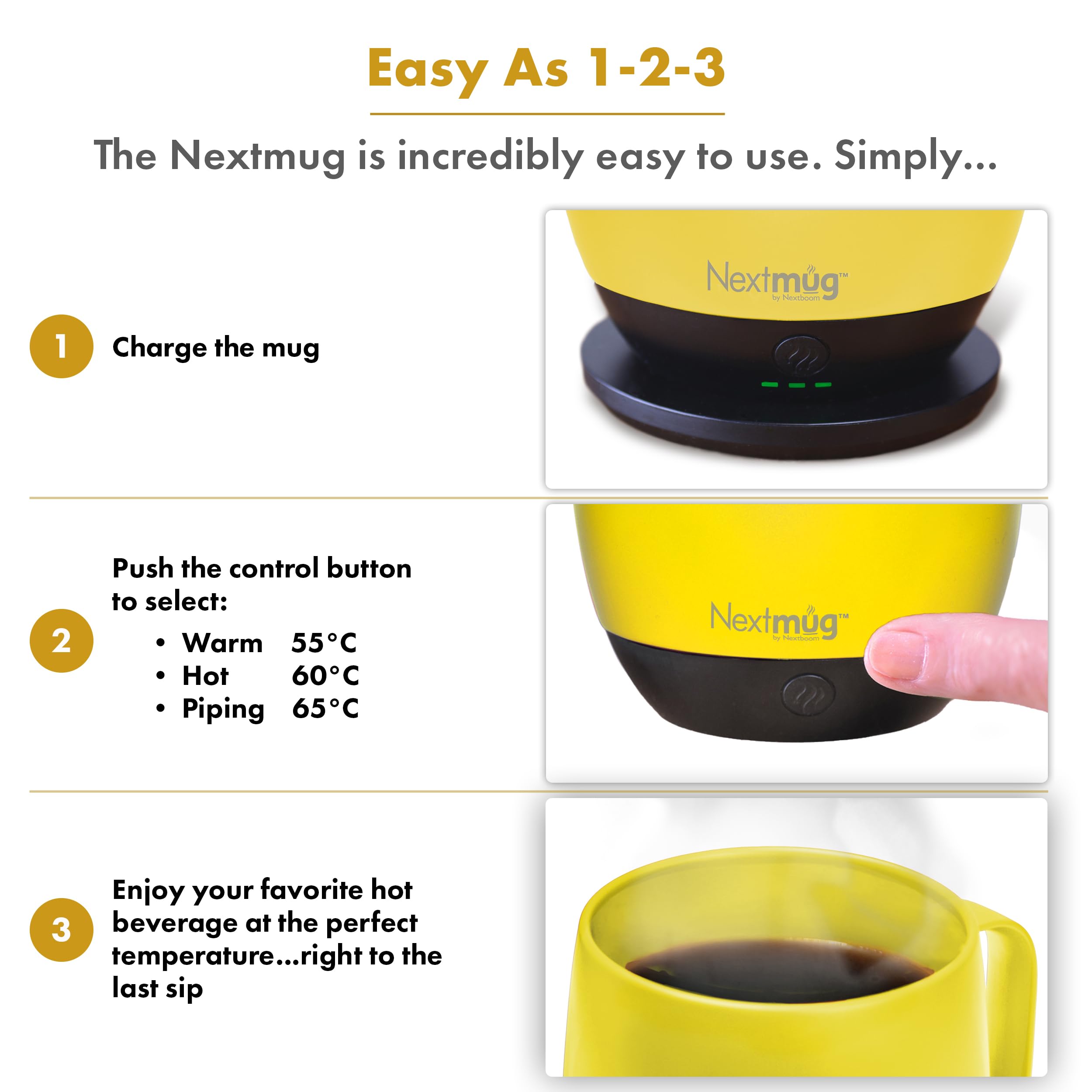Nextmug - Temperature-Controlled, Self-Heating Coffee Mug (Sunshine - 14 oz.)