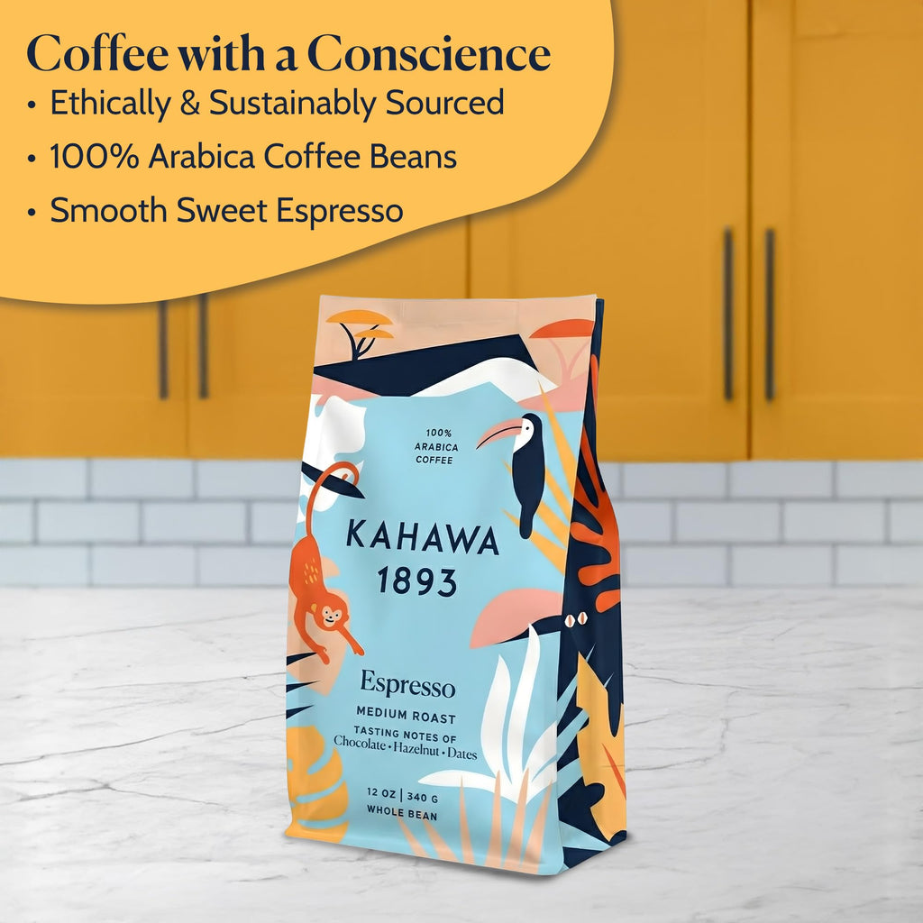 Kahawa 1893 Whole Bean Coffee Medium Roast 1893 Espresso Blend 12 Oz - As Seen on Shark Tank, Naturally Sweet, Organically Grown, Ethically & Sustainably Sourced