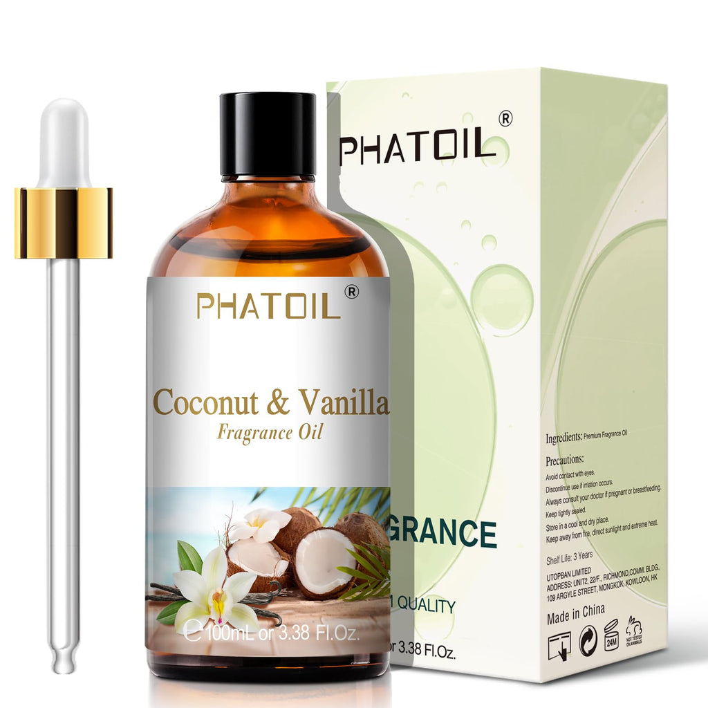PHATOIL 3.38FL.OZ Coconut & Vanilla Fragrance Oils for Aromatherapy, Essential Oils for Diffusers for Home, Perfect for Diffuser, Yoga, DIY Candle and Soap Making - 100ml