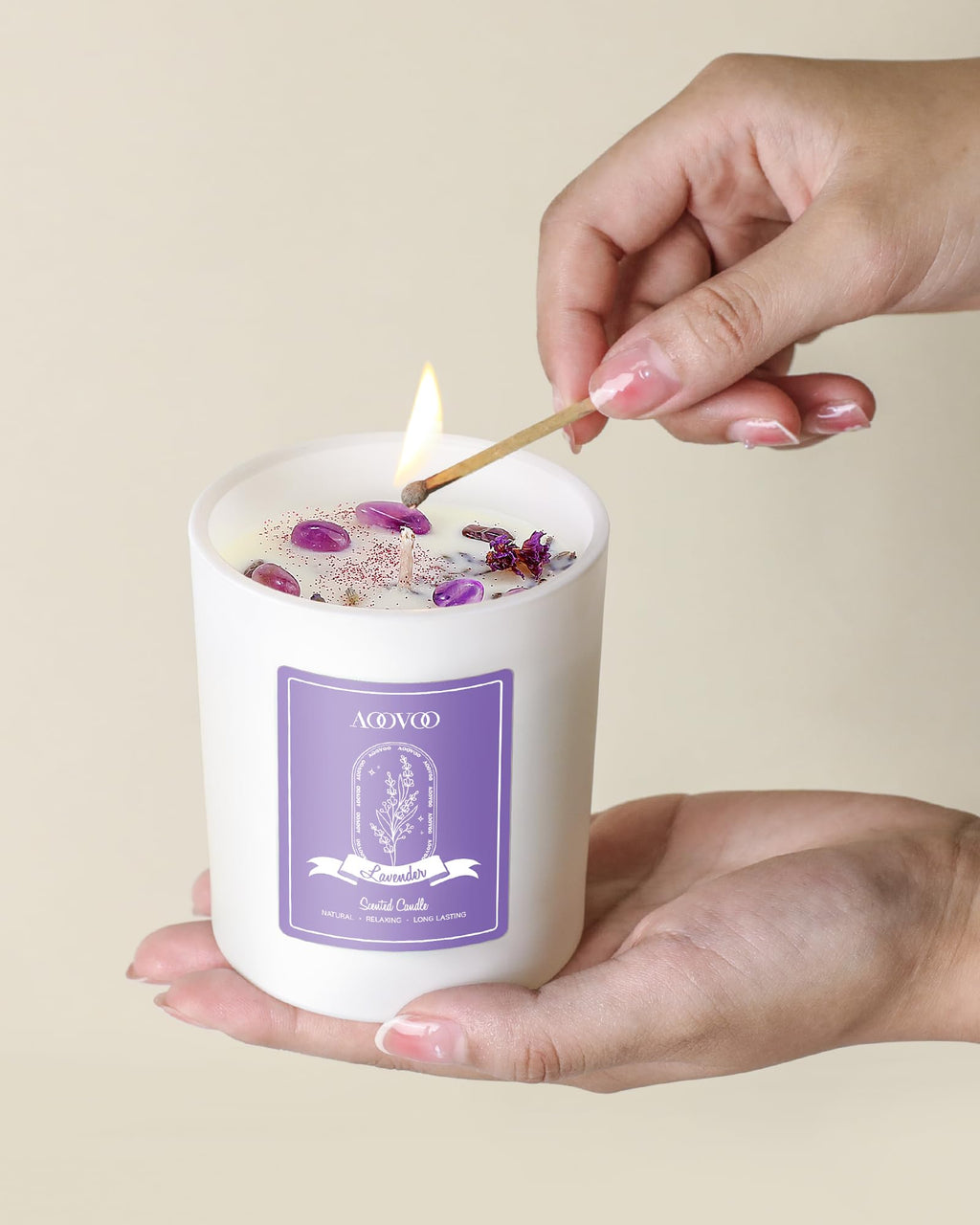 AOOVOO Lavender Scented Candles for Women - Aromatherapy Candle with Crystals Inside, 10oz Soy Candles for Home Scented, Birthday Gifts Mothers Day Candle for Women Mom
