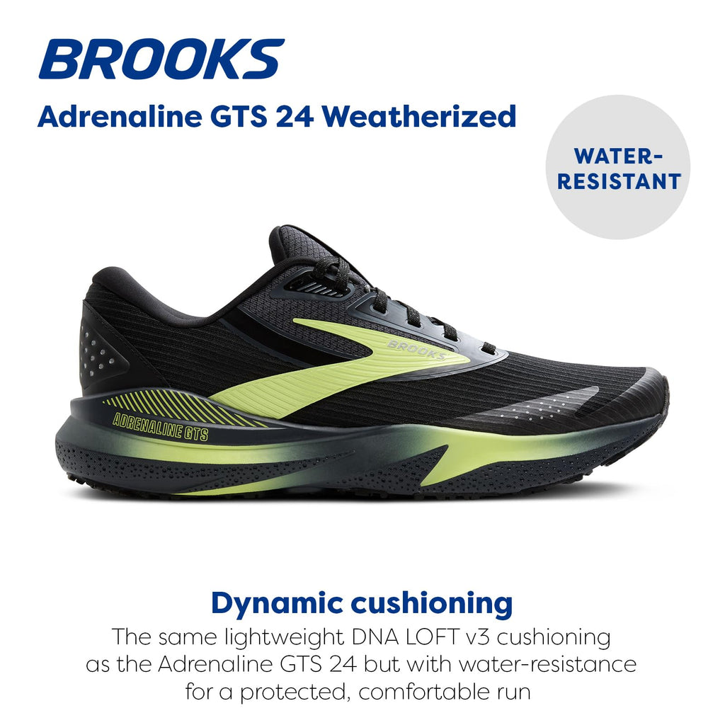 Brooks Men’s Adrenaline GTS 24 Weatherized Supportive Running Shoe - Black/Ebony/New Yellow - 10.5 Medium