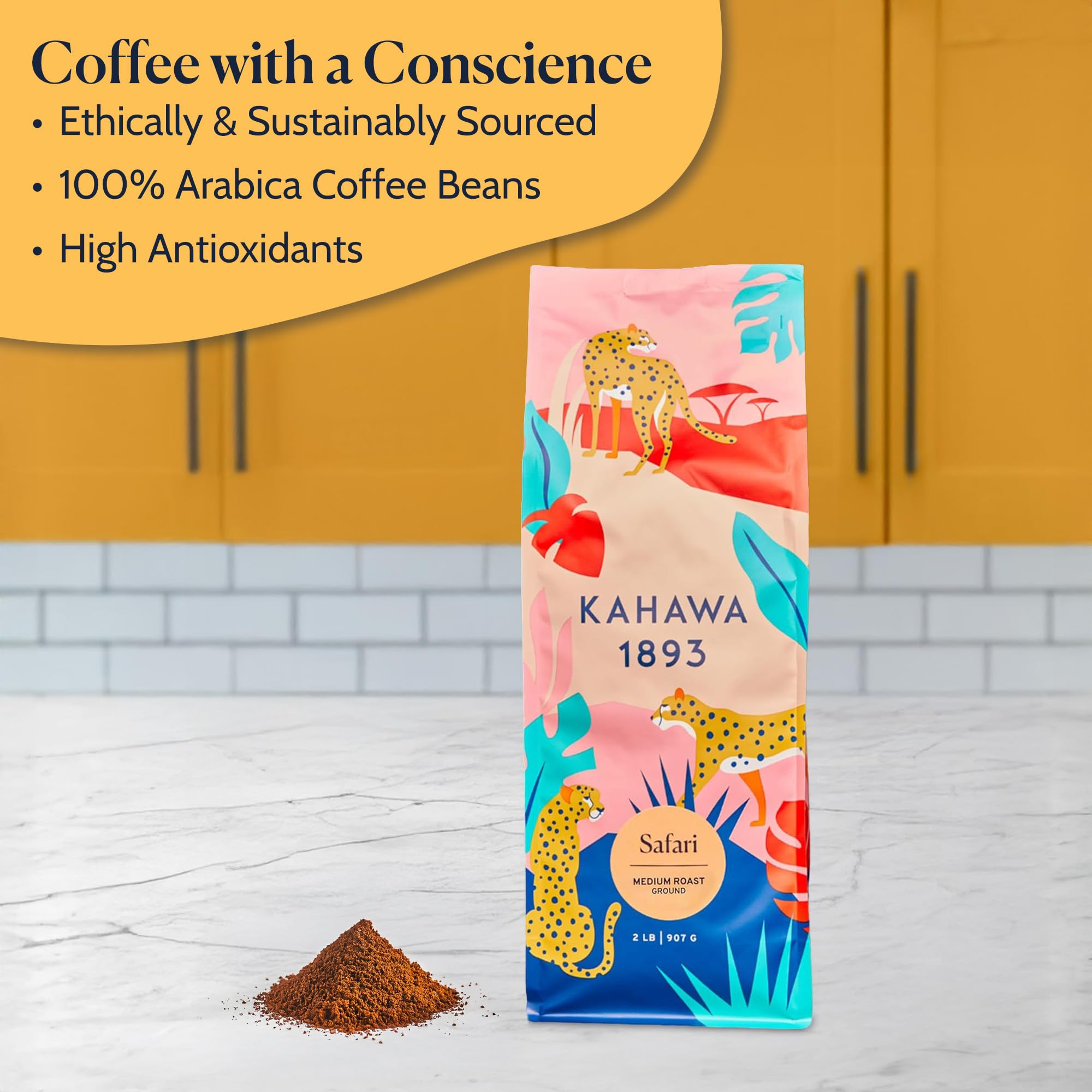 Kahawa 1893 Ground Coffee Medium Roast Safari Blend 2 LB - As Seen on Shark Tank, High Antioxidants, Naturally Sweet, Organically Grown, Ethically & Sustainably Sourced