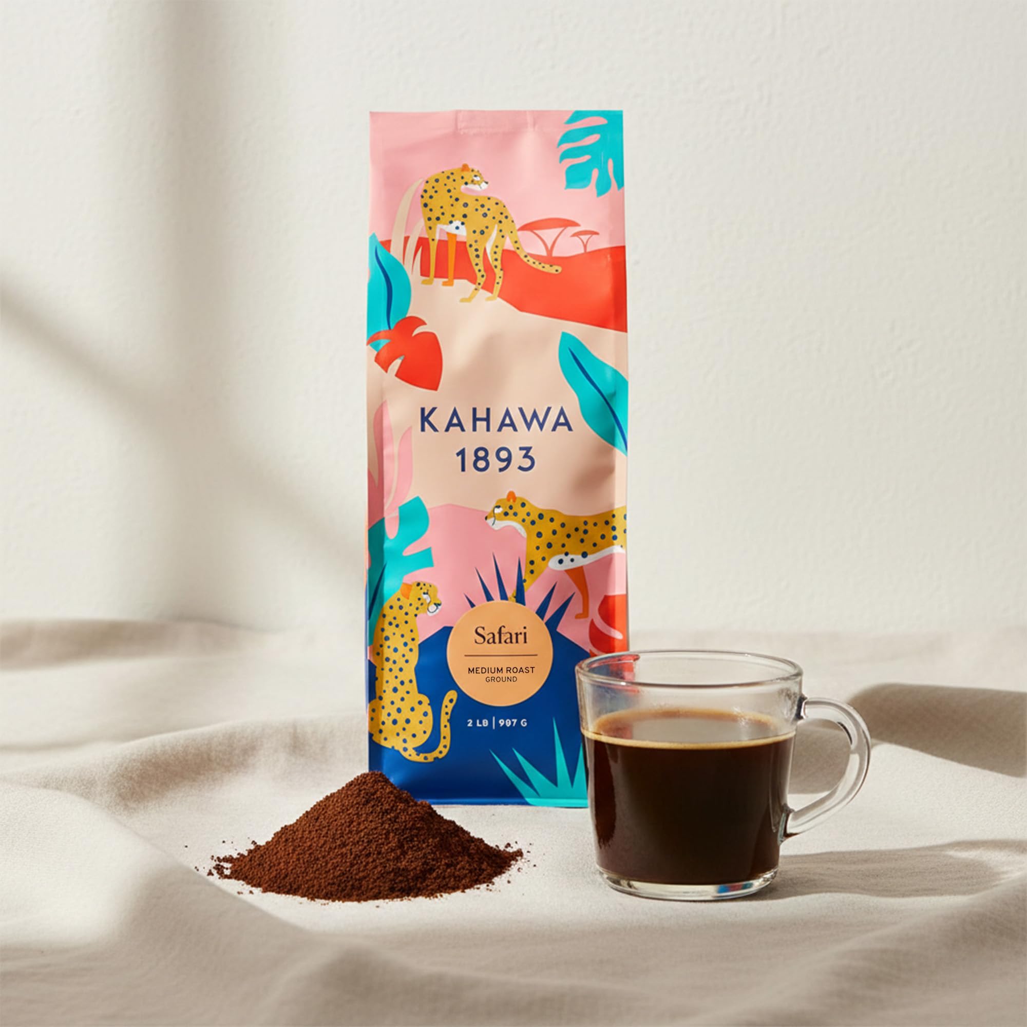 Kahawa 1893 Ground Coffee Medium Roast Safari Blend 2 LB - As Seen on Shark Tank, High Antioxidants, Naturally Sweet, Organically Grown, Ethically & Sustainably Sourced