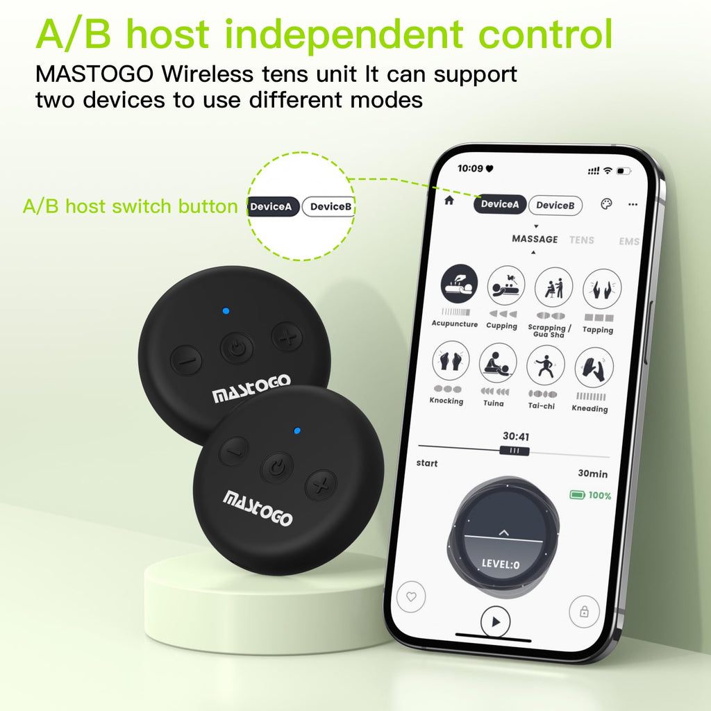 MASTOGO Wireless TENS Unit, Dual Host Muscle Stimulator with APP Control Up to 26 Modes, for Pain Relief, Portable and Rechargeable TENS Unit Muscle Stimulator
