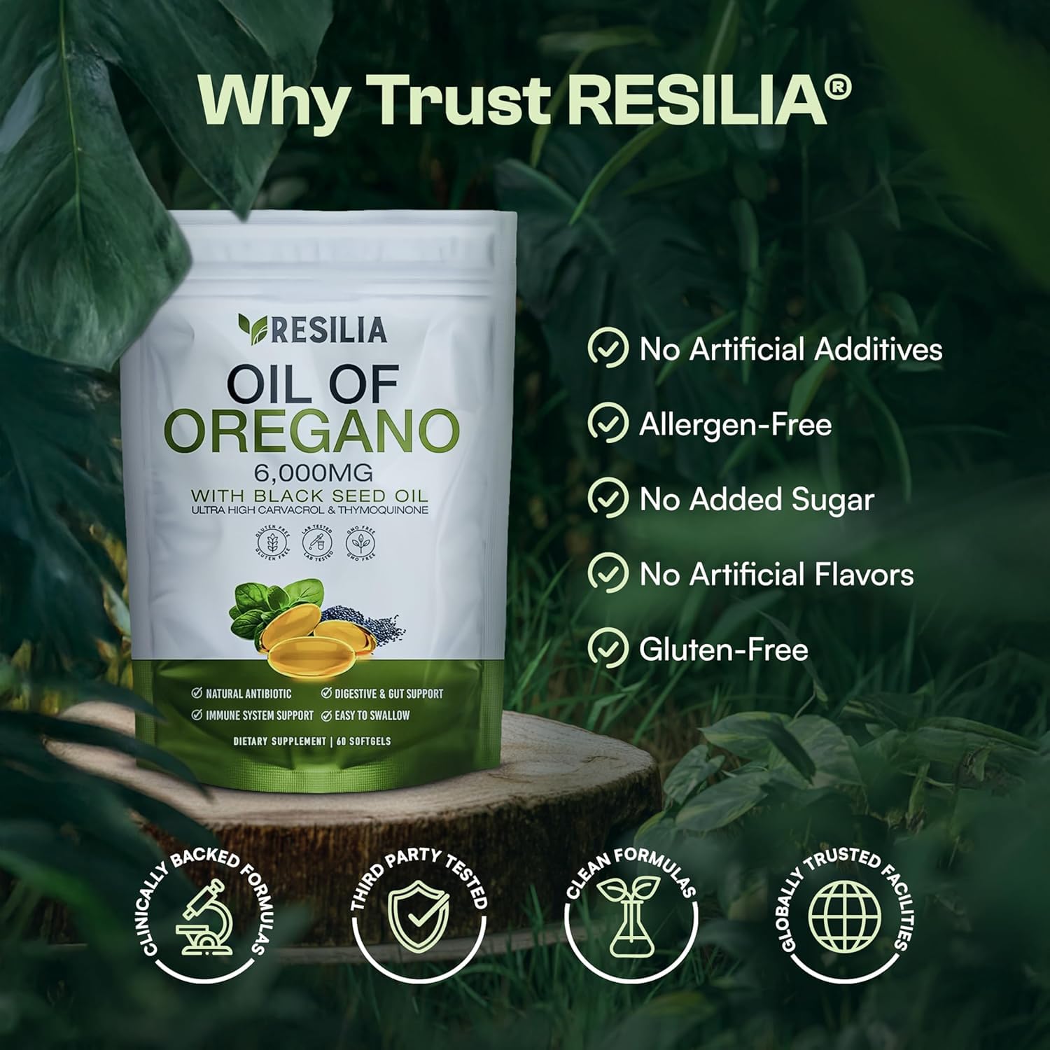 Resilia Oil Of Oregano Softgels with Black Seed Oil 6000mg – Organic Oregano Oil Capsules for Immune & Digestive Support – Non-GMO, Gluten-Free Softgels - 120 Count (Pack of 2)