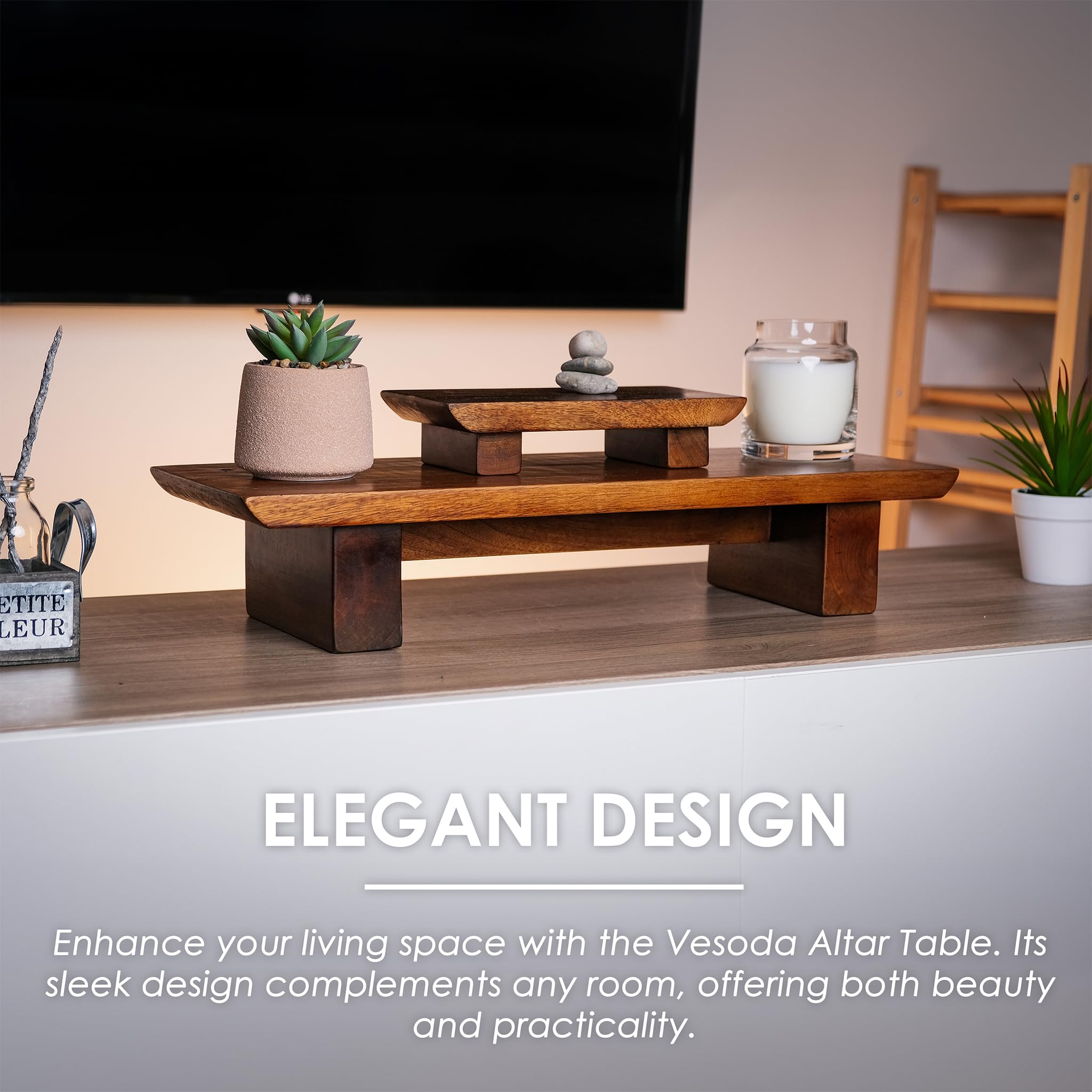 Vesoda Meditation Altar Table – 21 x 7.5 x 6 Inch Handmade Tiered Puja Shrine - Small Alter Tables for Relaxation, Prayer - Buddha Meditation Alter Made of Strong and Durable Mango Wood