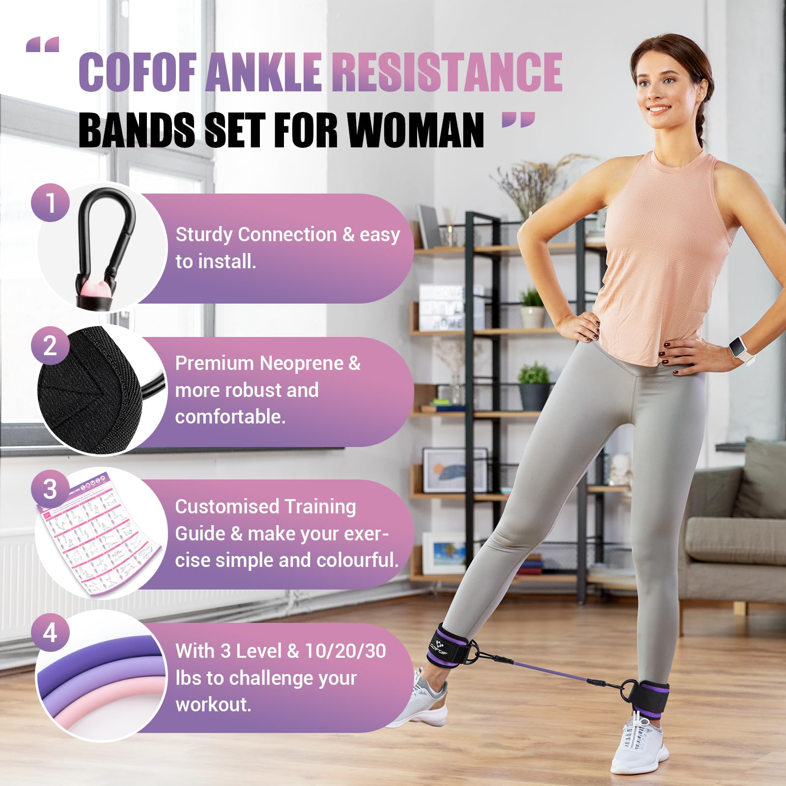 Ankle Resistance Bands with Cuffs, Ankle Bands for Working Out, Kickbacks Hip, Leg Glute Exercise Equipment with Training Poster, Resistance Workout Equipment for Women(Purple)