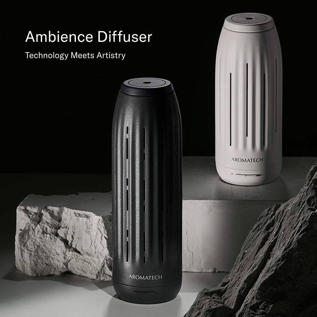 AromaTech Ambience Scent Diffuser for Essential Oil Blends & Fragrances – Waterless Scent Machine w/Bluetooth for Home, Bathroom Boutiques, Hotel, Spa – White Stone Mini