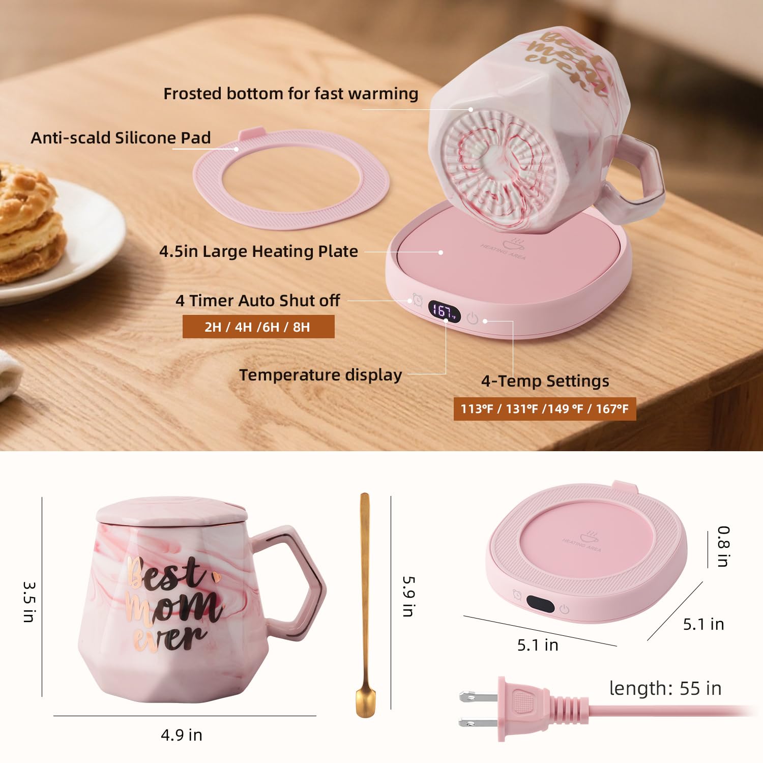 Coffee Mug Warmer & Best MOM Ever Mug Set, Smart Heated Electric Cup Warmer for Desk Office, 4 Temperature Control Beverage Tea Coffee Warmer, 8h Auto Shut Off Candle Plate, Women Mom Gifts from Son
