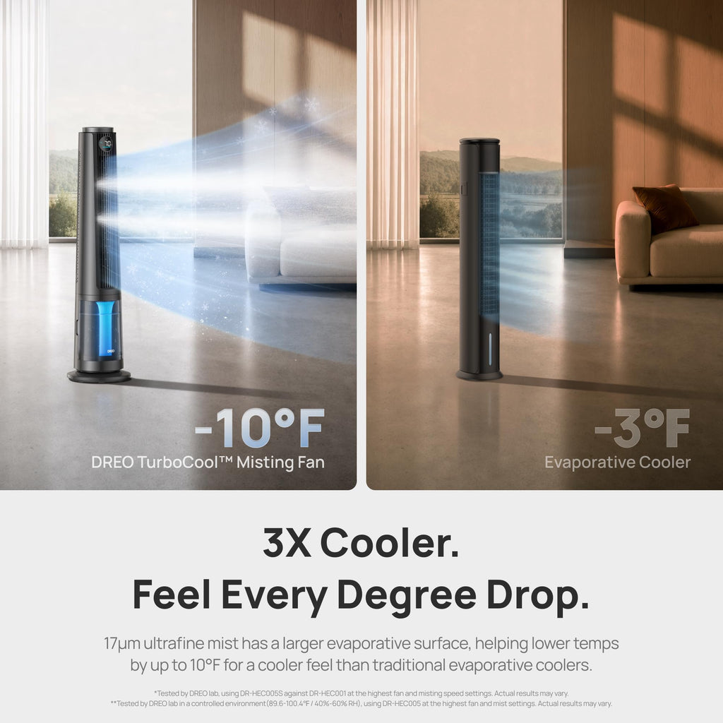 DREO TurboCool Misting Fan 765S, Fans that Blow Cold Air, 10°F Cooling, 34ft/s Fast Evaporative Air Cooler, 6L Tank, 20 dB Quiet DC Motor, 90° Tower Fan with 12 Speeds, 4 Modes for Home, Grey