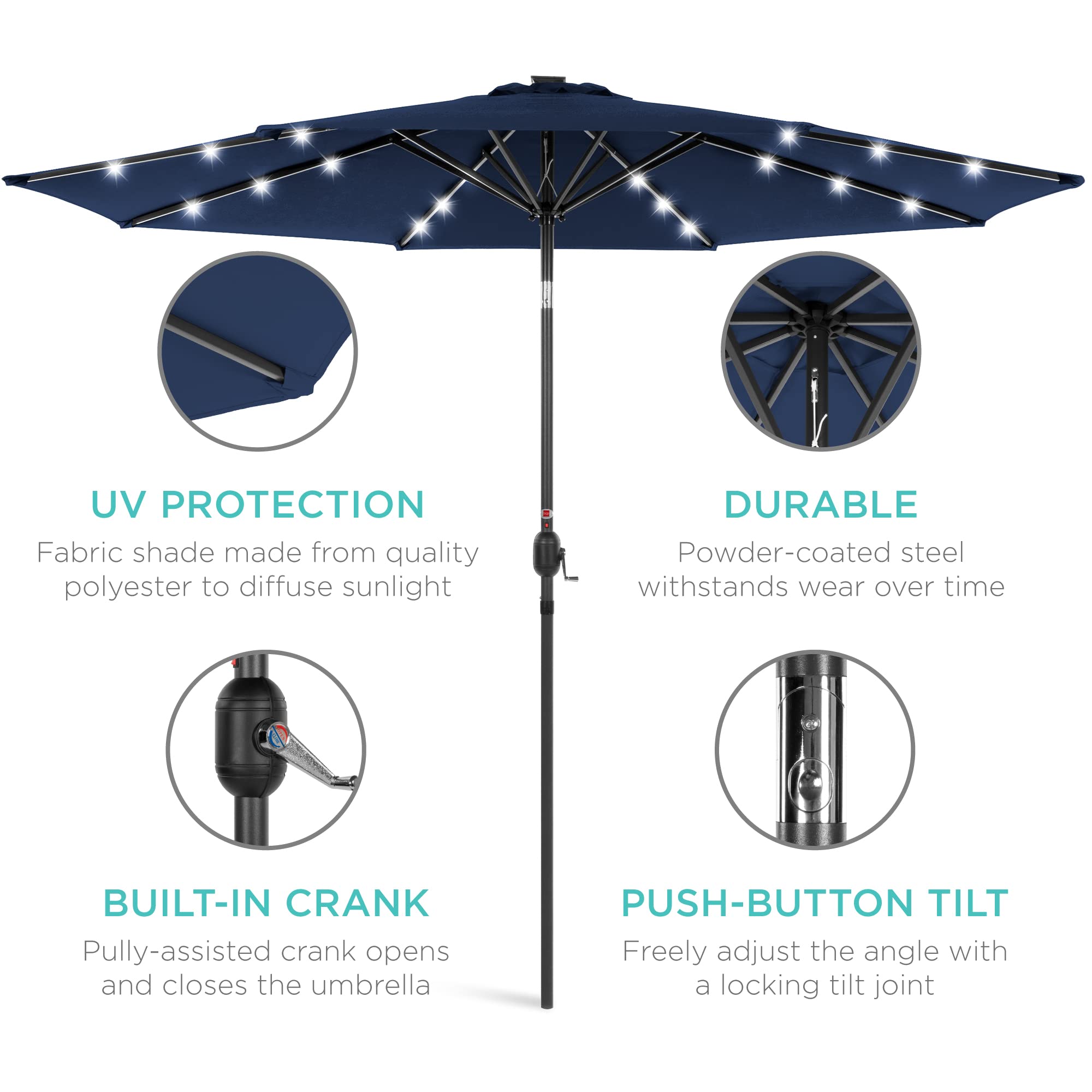 Best Choice Products 10ft Solar Polyester LED Lighted Patio Umbrella w/Tilt Adjustment and UV-Resistant Fabric - Navy Blue