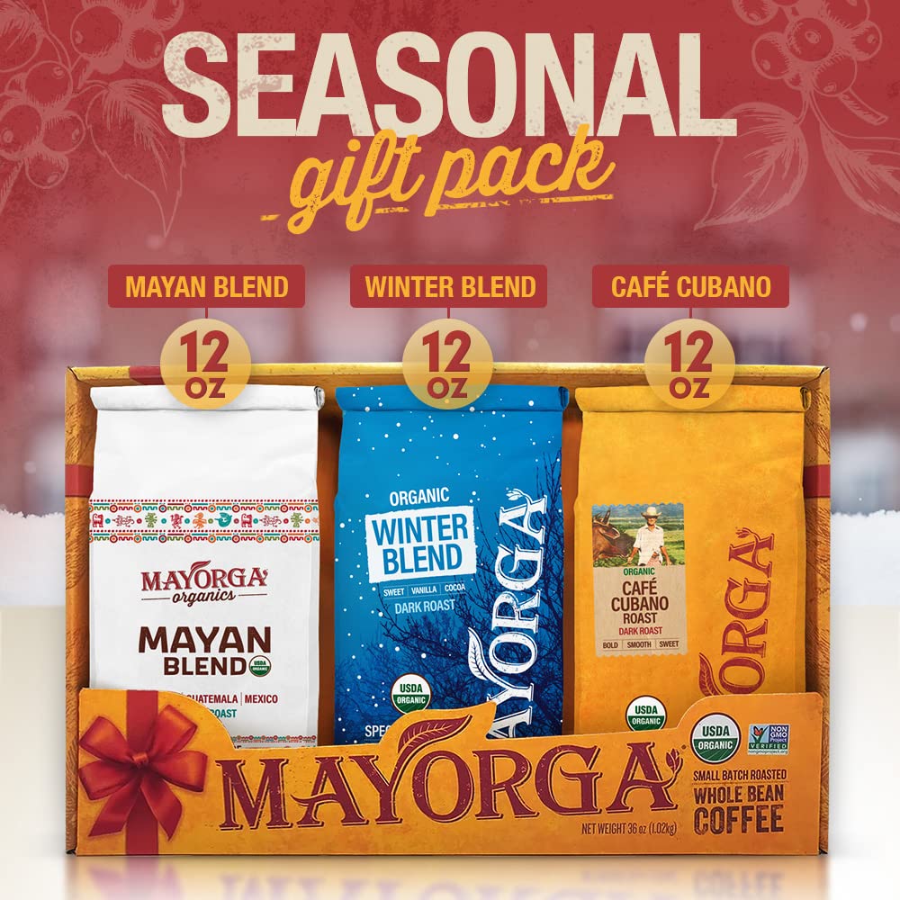 Mayorga Coffee Gift Pack of 3,12 oz bags-Cubano Roast Dark Roast, Mayan Blend Medium Roast, Muy Macho Bold Dark Roast-100% Arabica Whole Bean Café Organic Coffee-Specialty Grade,Non-GMO,Direct Trade