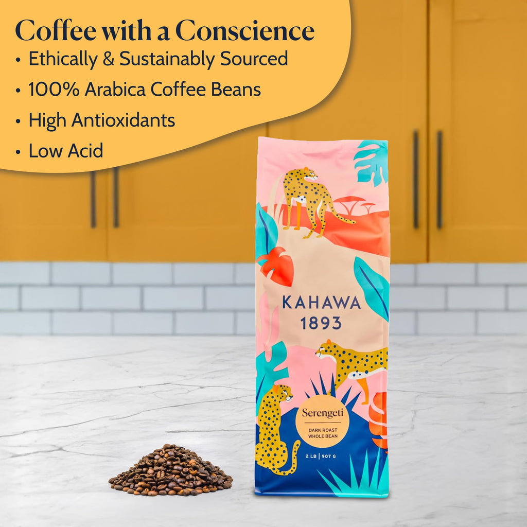 Kahawa 1893 Whole Bean Coffee Dark Roast Serengeti Blend 2 LB - As Seen on Shark Tank, Low Acid, High Antioxidants, Naturally Sweet, Organically Grown, Ethically & Sustainably Sourced