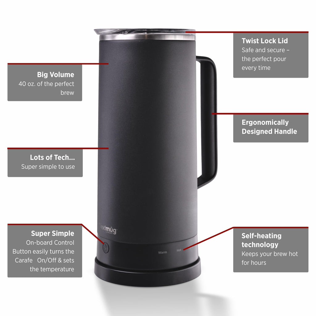 Nextmug Carafe - Self-Heating, Temperature Controlled Coffee & Tea Carafe (Black - 40 oz.)