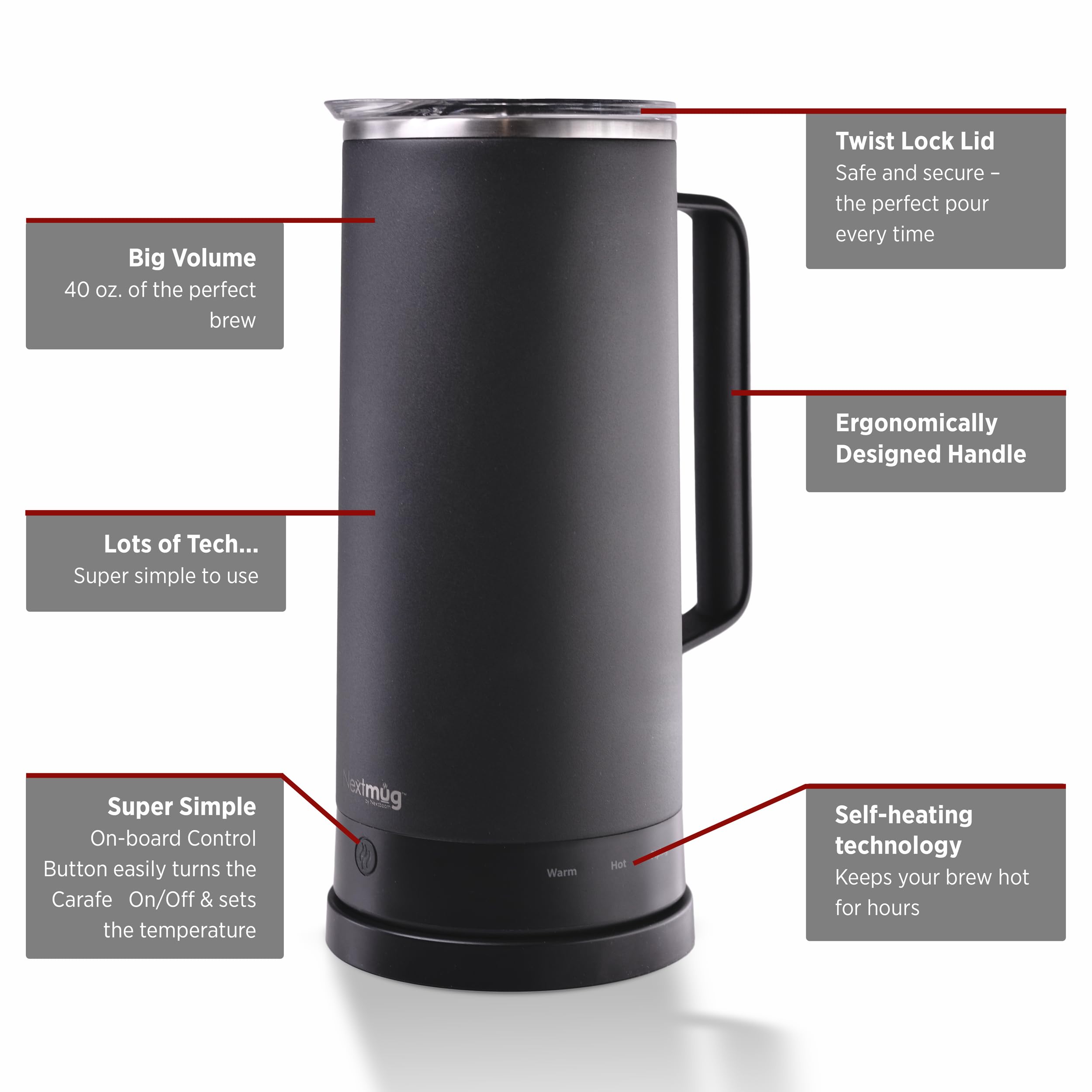 Nextmug Carafe - Self-Heating, Temperature Controlled Coffee & Tea Carafe (Black - 40 oz.)