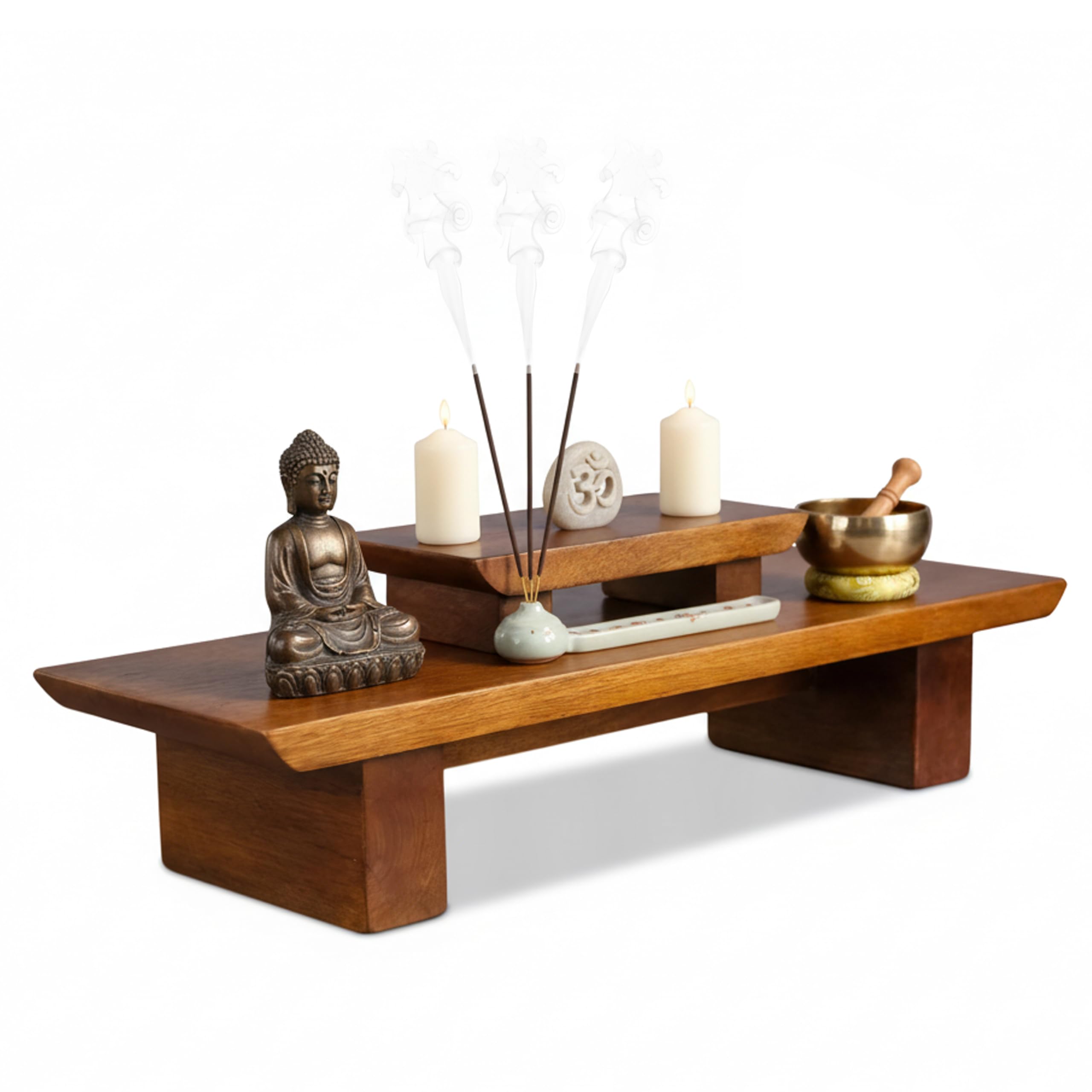 Vesoda Meditation Altar Table – 21 x 7.5 x 6 Inch Handmade Tiered Puja Shrine - Small Alter Tables for Relaxation, Prayer - Buddha Meditation Alter Made of Strong and Durable Mango Wood