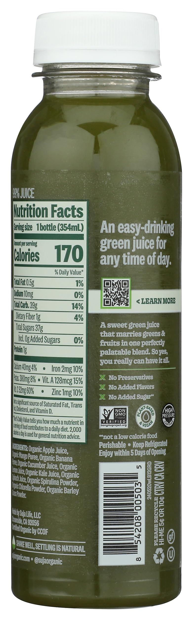 Suja Green Delight Organic & Cold Pressed Fruit and Vegetable Juice Smoothie, 12 Fl Oz Bottle