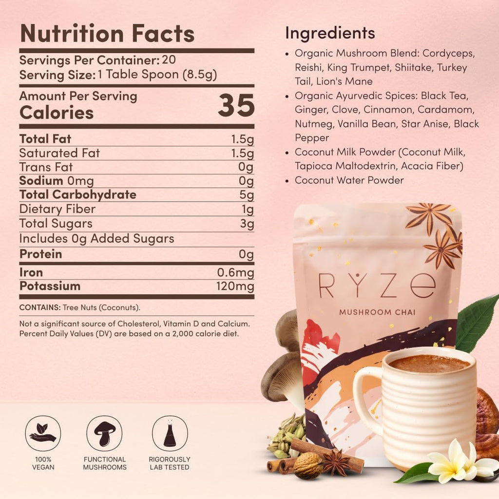 RYZE SUPERFOODS Mushroom Chai with 6 Organic Adaptogenic Mushrooms for Better Energy, Focus, Digestion, Immunity with USA Grown Lion's Mane, Turkey Tail, Shiitake, Reishi - Gluten Free, 20 Servings