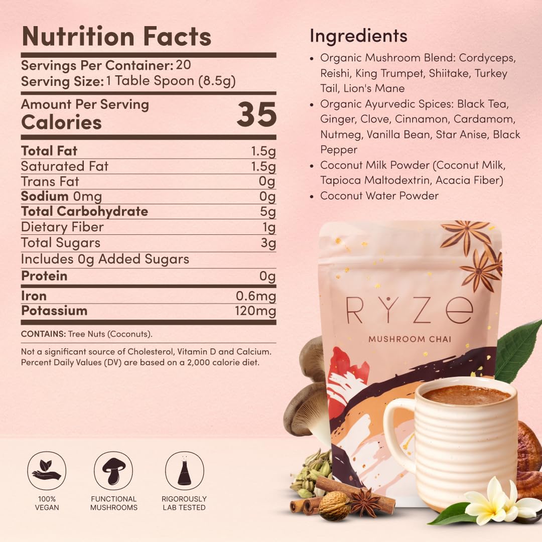 RYZE SUPERFOODS Mushroom Chai with 6 Organic Adaptogenic Mushrooms for Better Energy, Focus, Digestion, Immunity with USA Grown Lion's Mane, Turkey Tail, Shiitake, Reishi - Gluten Free, 20 Servings