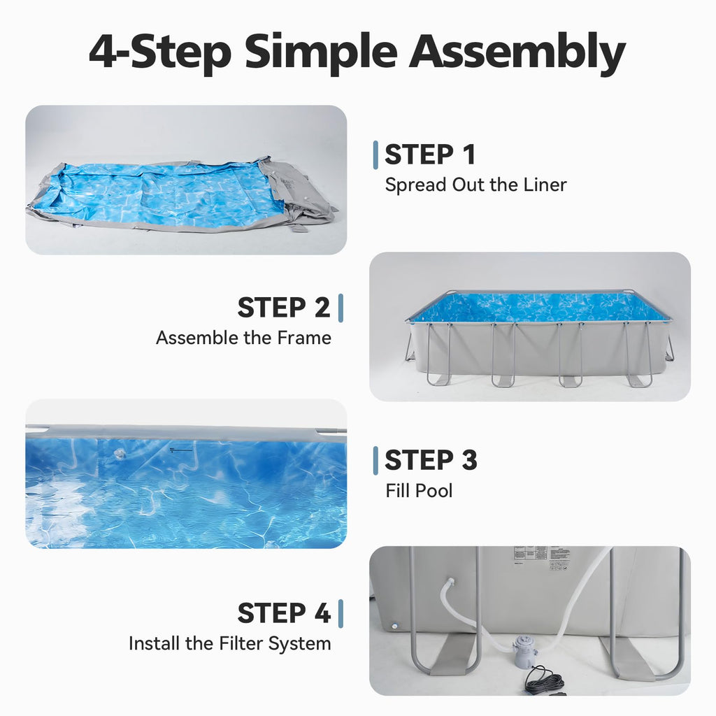 SunSwell 18' x 9' x 47" Rectangular Above Ground Pool Set with Removable Ladder and Filter Pump, Large Swimming Pool for Backyard, Gray