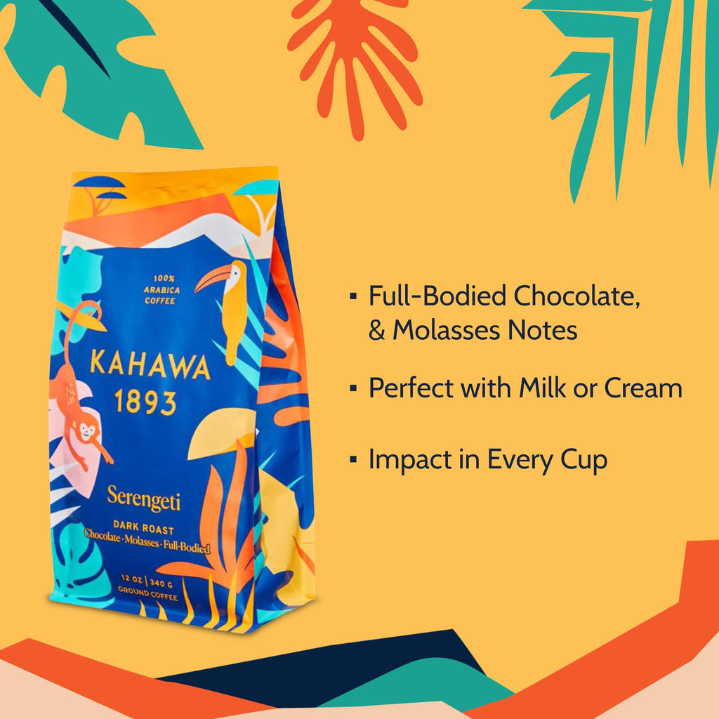 Kahawa 1893 Ground Coffee Dark Roast Serengeti Blend 12 Oz - As Seen on Shark Tank, Low Acid, High Antioxidants, Naturally Sweet, Organically Grown, Ethically & Sustainably Sourced