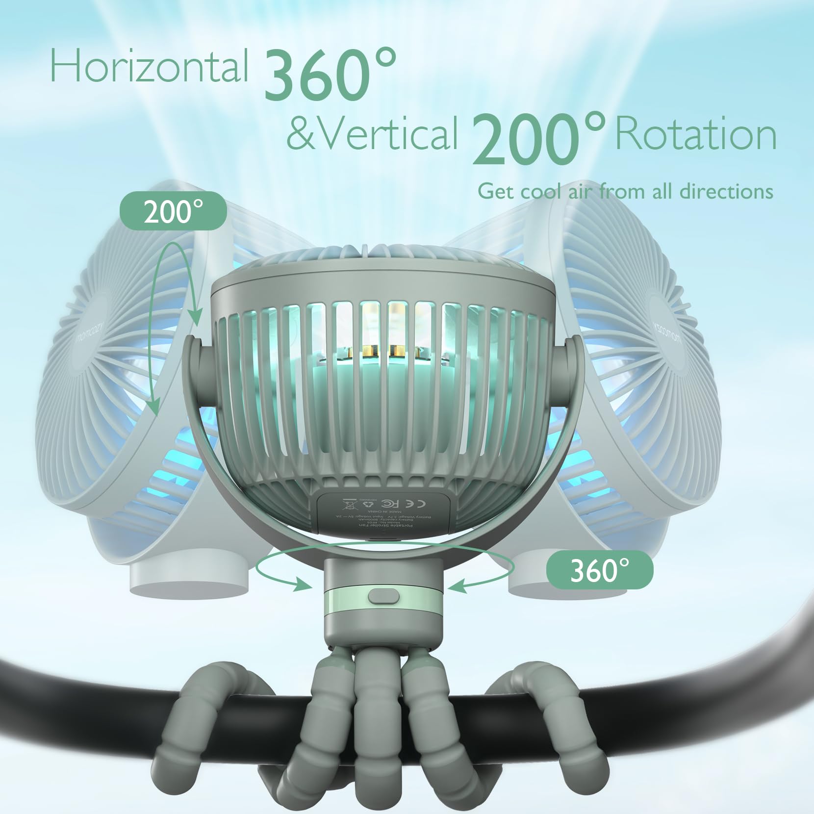 Momcozy 8000mAh Portable Stroller Fan, 27H Ultra-long Battery Life Detachable 4 Speed 360°Rotate LED Night Light with 2 Modes, USB Rechargeable Handheld Cooling Fan for Travel/Car Seat/Bedroom