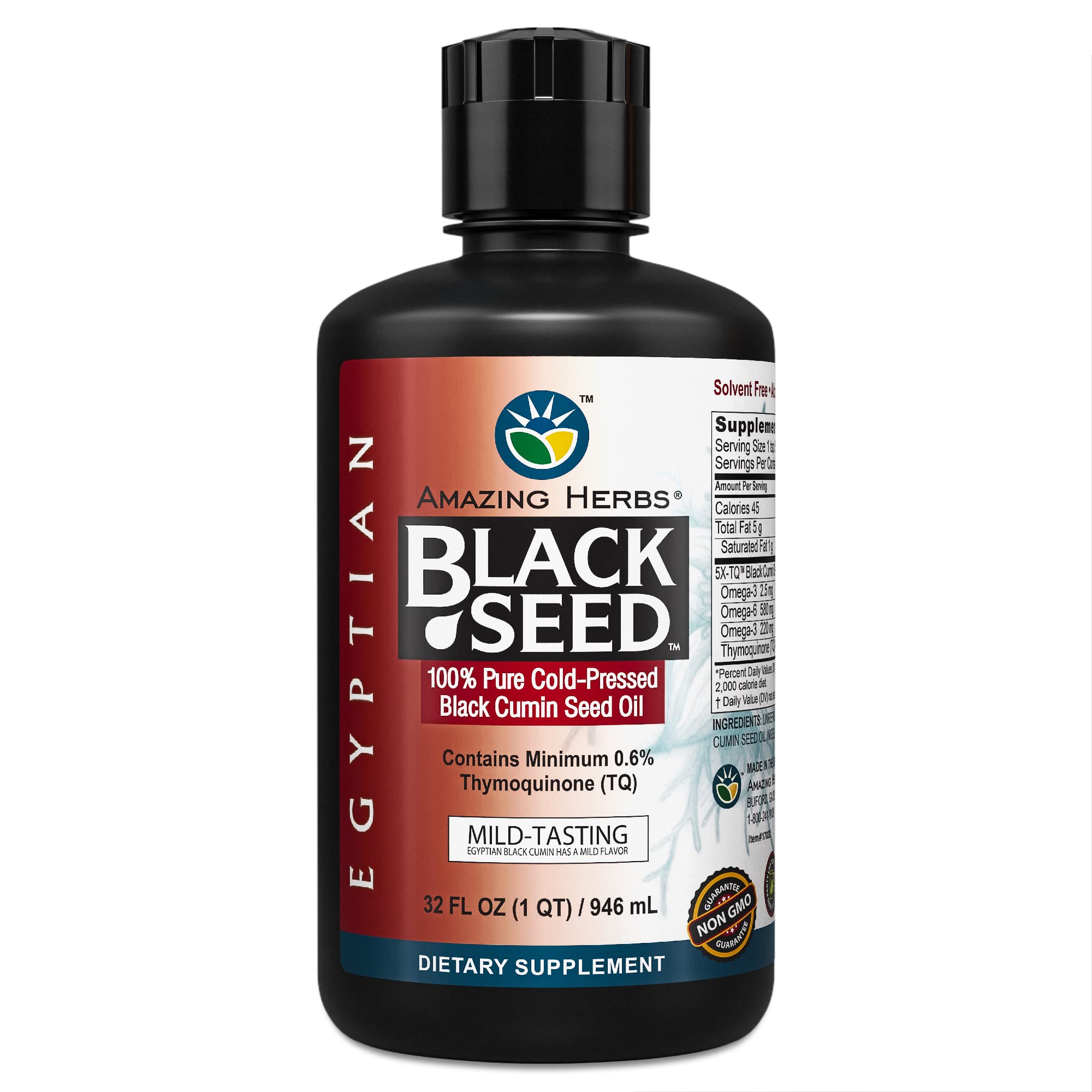 Amazing Herbs Premium Black Seed Oil - Cold Pressed Nigella Sativa Aids in Digestive Health, Immune Support, Brain Function, Joint Mobility, Gluten Free, Non GMO - 1 Fl Oz