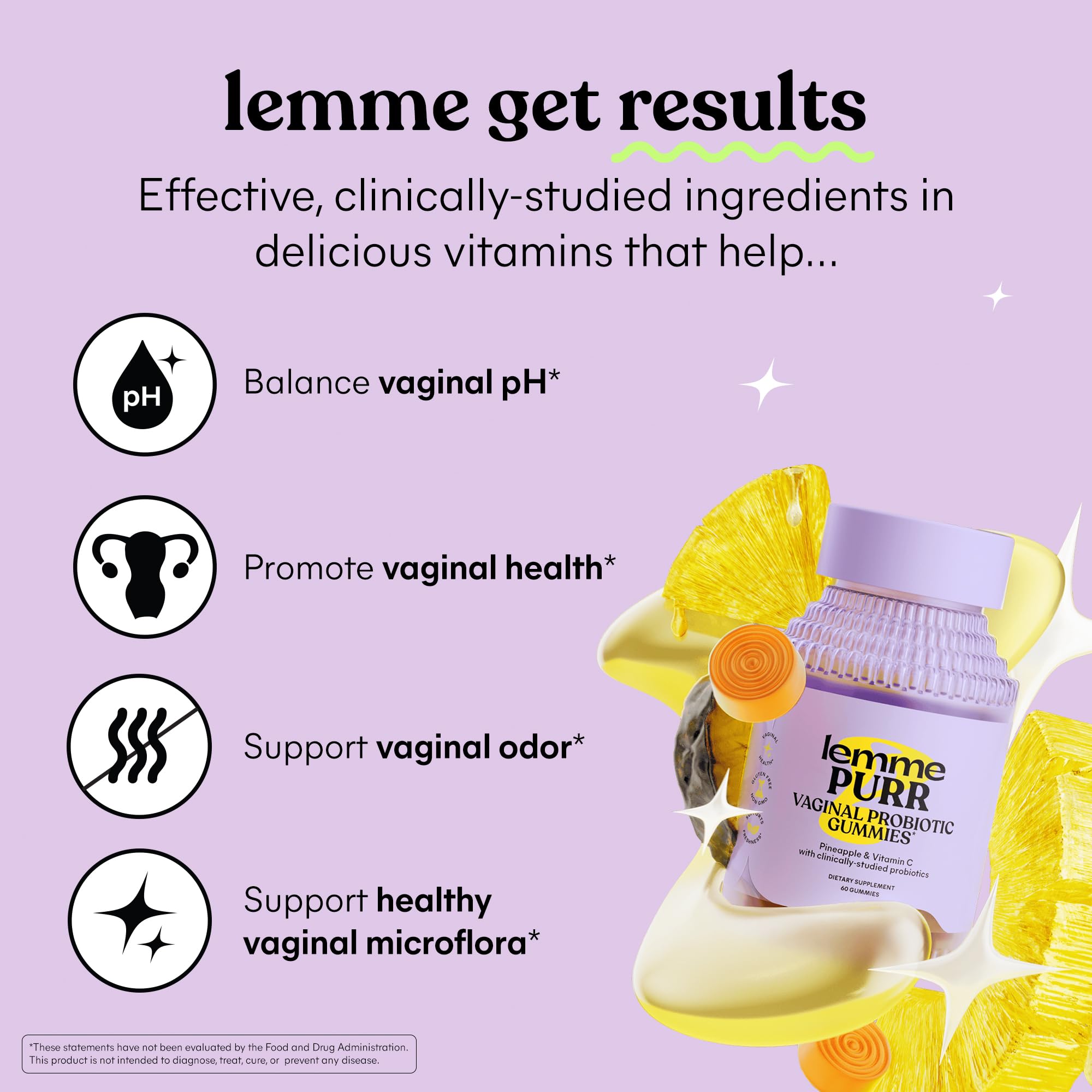 Lemme Purr Vaginal Probiotic Gummies for Women - Balanced pH, Healthy Odor, Yeast Balance & Flora Support + Vitamin C for Immune Health - Tasty Pineapple (60 Count) (Pack of 2)
