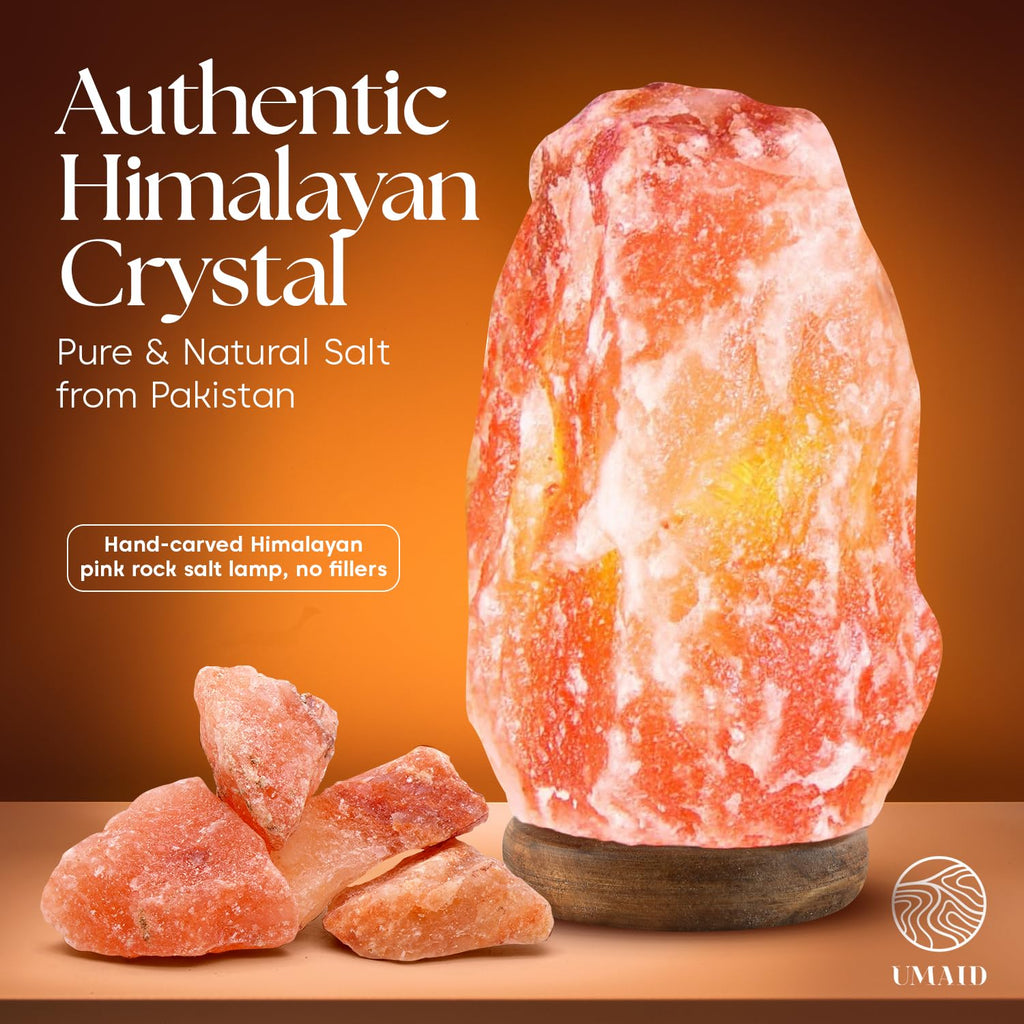 UMAID Himalayan Salt Lamp 8–10" (7–11 lb) – Dimmable Pink Rock Salt Lamp with Wooden Base & Night Light Bulb – Mothers Day Gifts for Mom, Relaxation Lamp, Bedroom Decor, Spa Ambiance