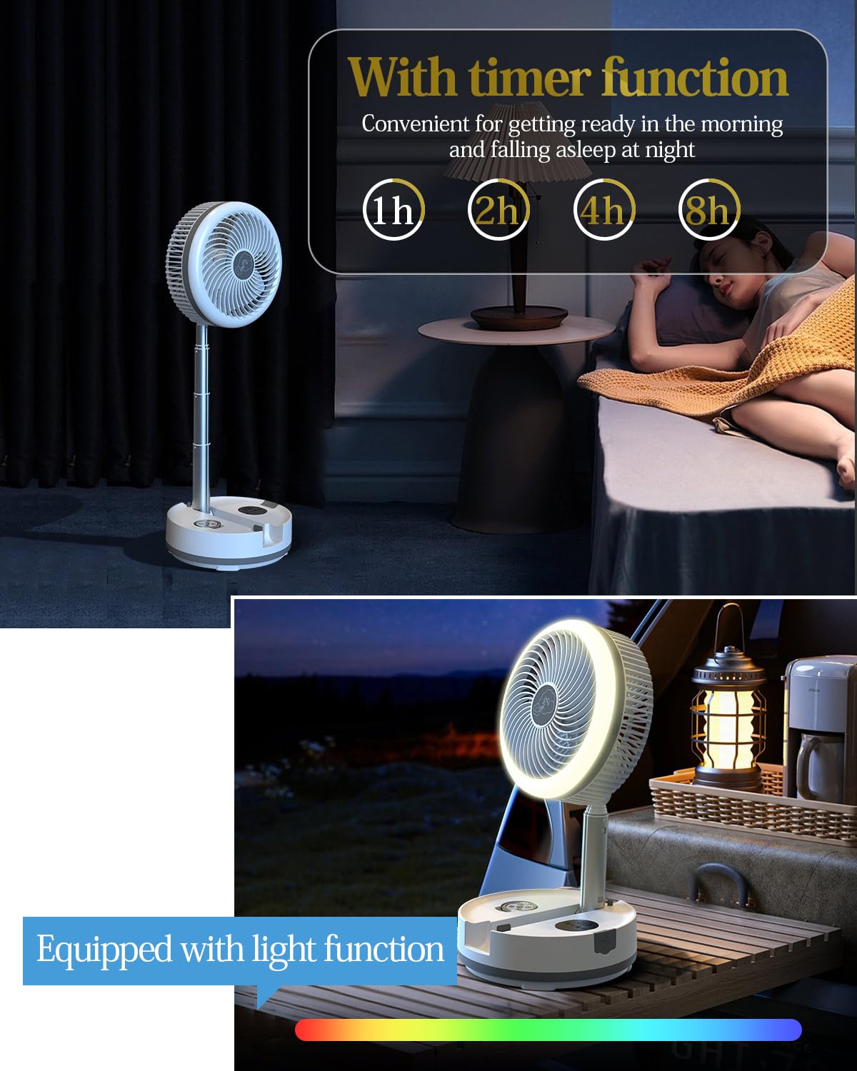 10 inch Portable Fan-Battery Operated Fan, Oscillating Rechargeable Fan with 40000mAh, Remote Control LED Lights, 114HR Run Time, Outdoor Portable Foldable Fan for Camping＆travel (White)