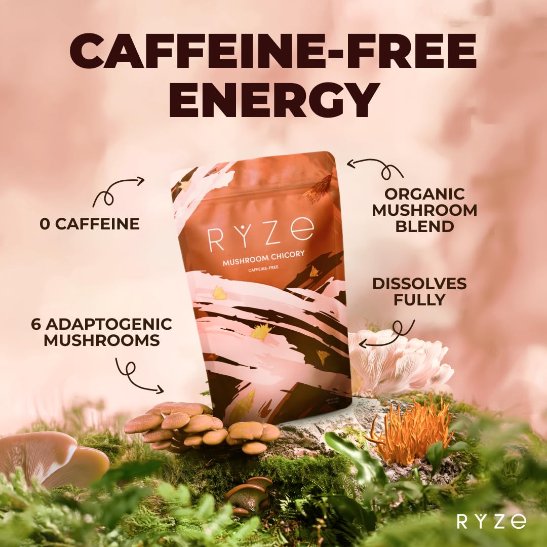 RYZE SUPERFOODS Mushroom Chicory with 6 Organic Adaptogenic Mushrooms, Keto Decaf Alternative with Chicory Root for Energy, Focus, Digestion, Immunity with Lions Mane, Turkey Tail, Shiitake, 30 Serv