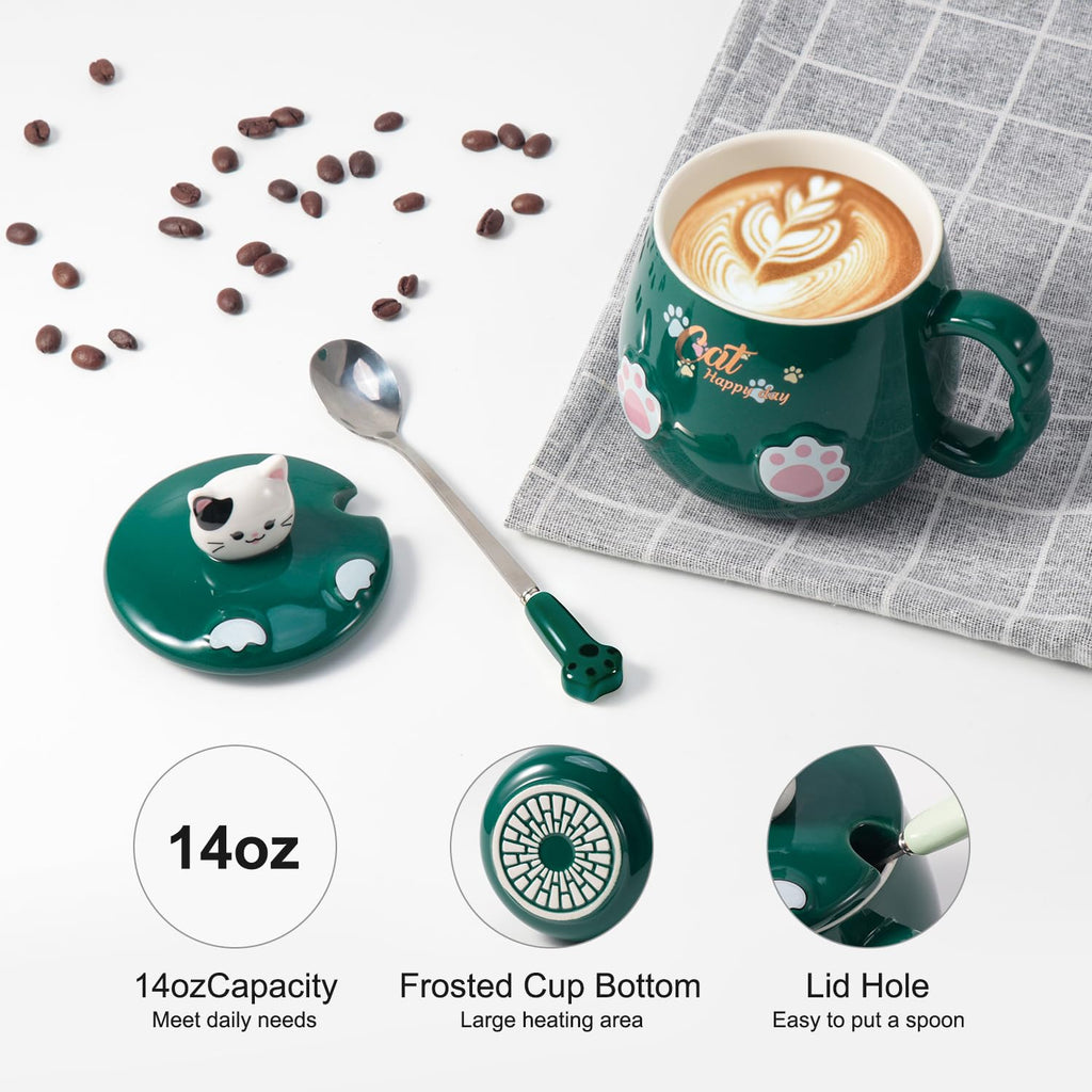 Bgbg Cat Mug Cute Ceramic Coffee Cup with Lovely Kitty Lid, Kawaii Claw Spoon, Anime Coaster, Novelty Things Birthday Christmas Mug Gift for Cat Lovers 400ML