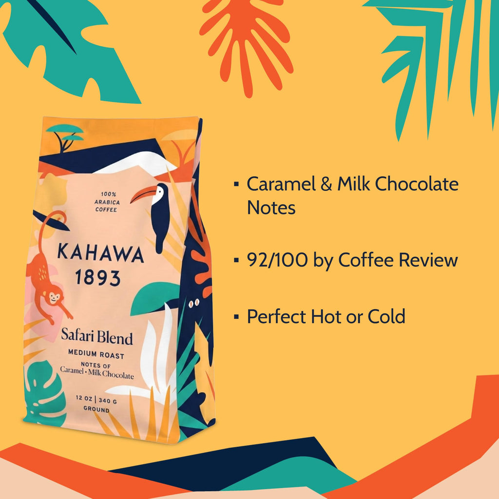 Kahawa 1893 Ground Coffee Medium Roast Safari Blend 12 Oz - As Seen on Shark Tank, High Antioxidants, Naturally Sweet, Organically Grown, Ethically & Sustainably Sourced