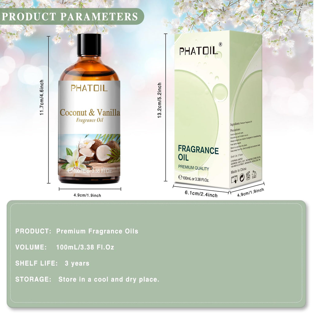 PHATOIL 3.38FL.OZ Coconut & Vanilla Fragrance Oils for Aromatherapy, Essential Oils for Diffusers for Home, Perfect for Diffuser, Yoga, DIY Candle and Soap Making - 100ml