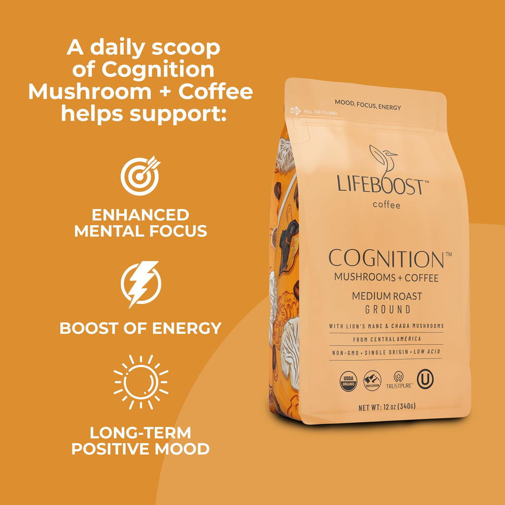Lifeboost Cognition Focus Coffee for Calm Energy - Lion’s Mane Mushroom Coffee with Chaga - Organic Medium Roast Nootropic Coffee - Low Acid Adaptogenic Coffee - 12 oz Ground