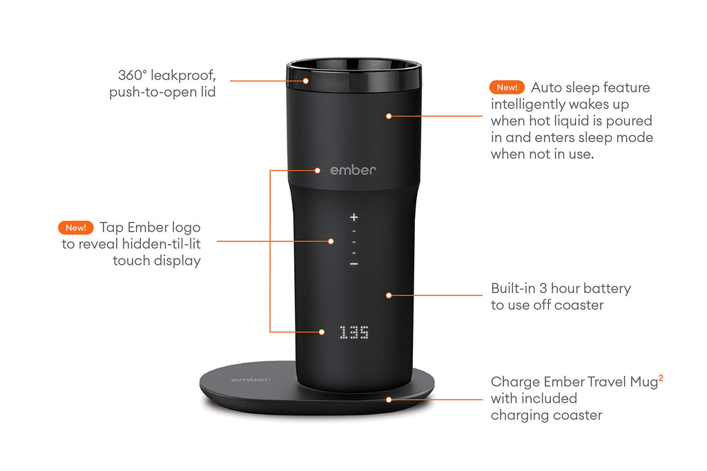 Ember Stainless Steel Temperature Control Travel Mug 2, 12 Oz, App-Controlled Heated Coffee Mug with 3-Hour Battery Life and Improved Design, Black