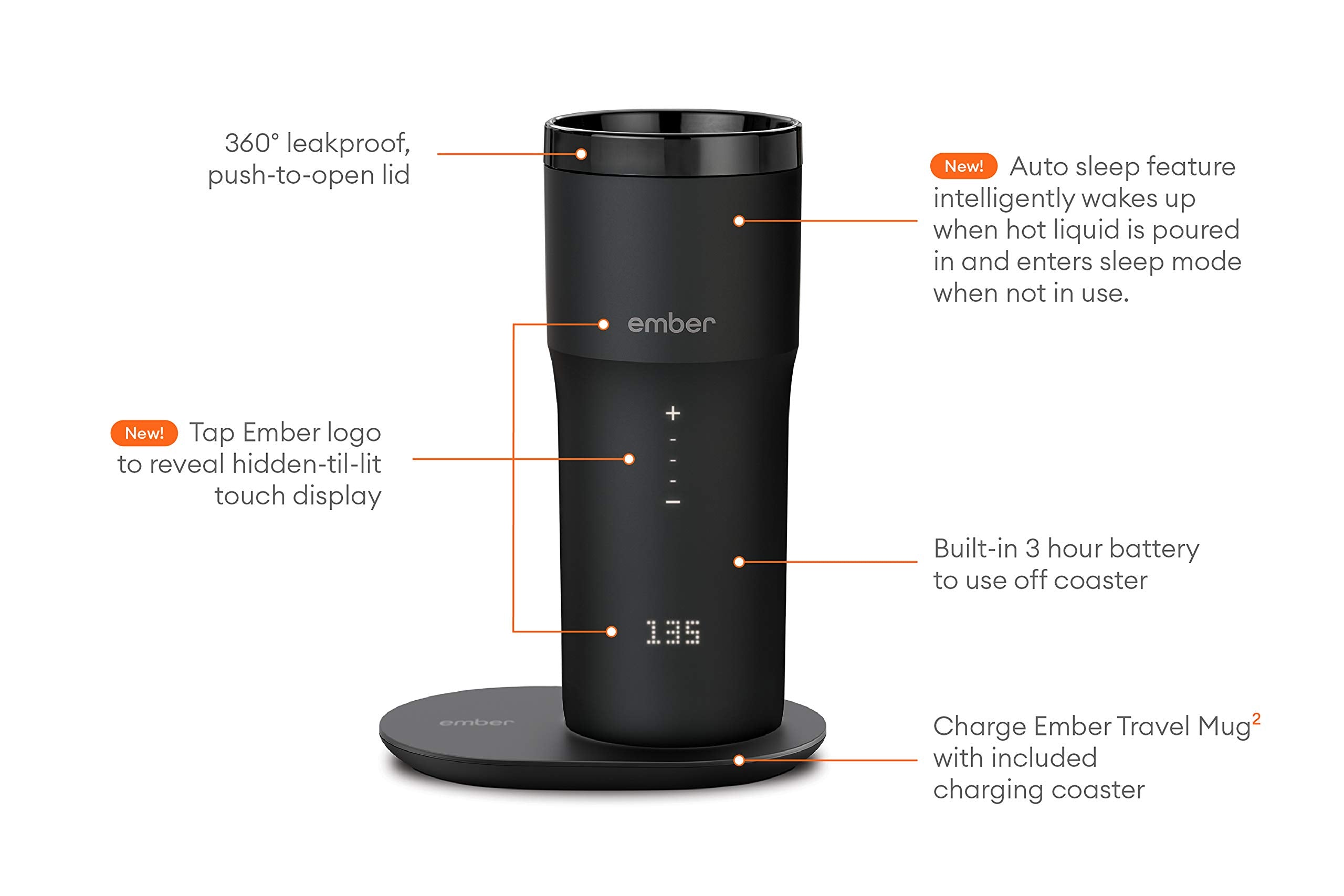 Ember Stainless Steel Temperature Control Travel Mug 2, 12 Oz, App-Controlled Heated Coffee Mug with 3-Hour Battery Life and Improved Design, Black