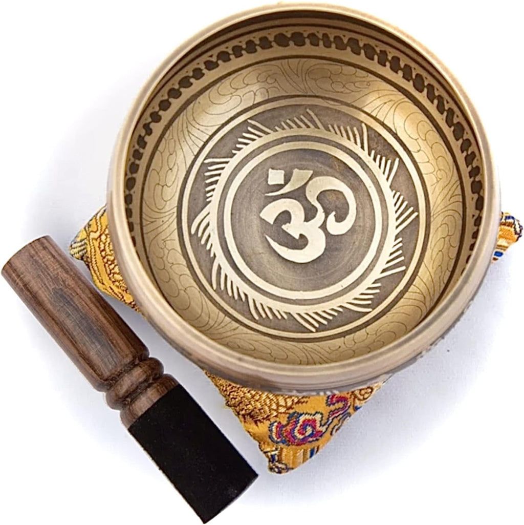 Tibetan Singing Bowl Set – Bronze Master Grade with Pure Tone & Thangka Art – Handmade in Nepal by Himalayan Bazaar (Gold & Yellow)